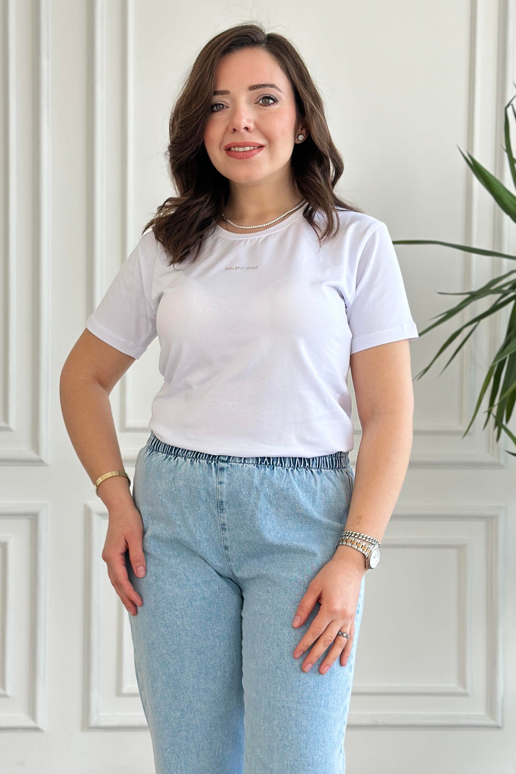 Bisiklet Yaka Önü Yazı Taş Baskılı T-Shirt
