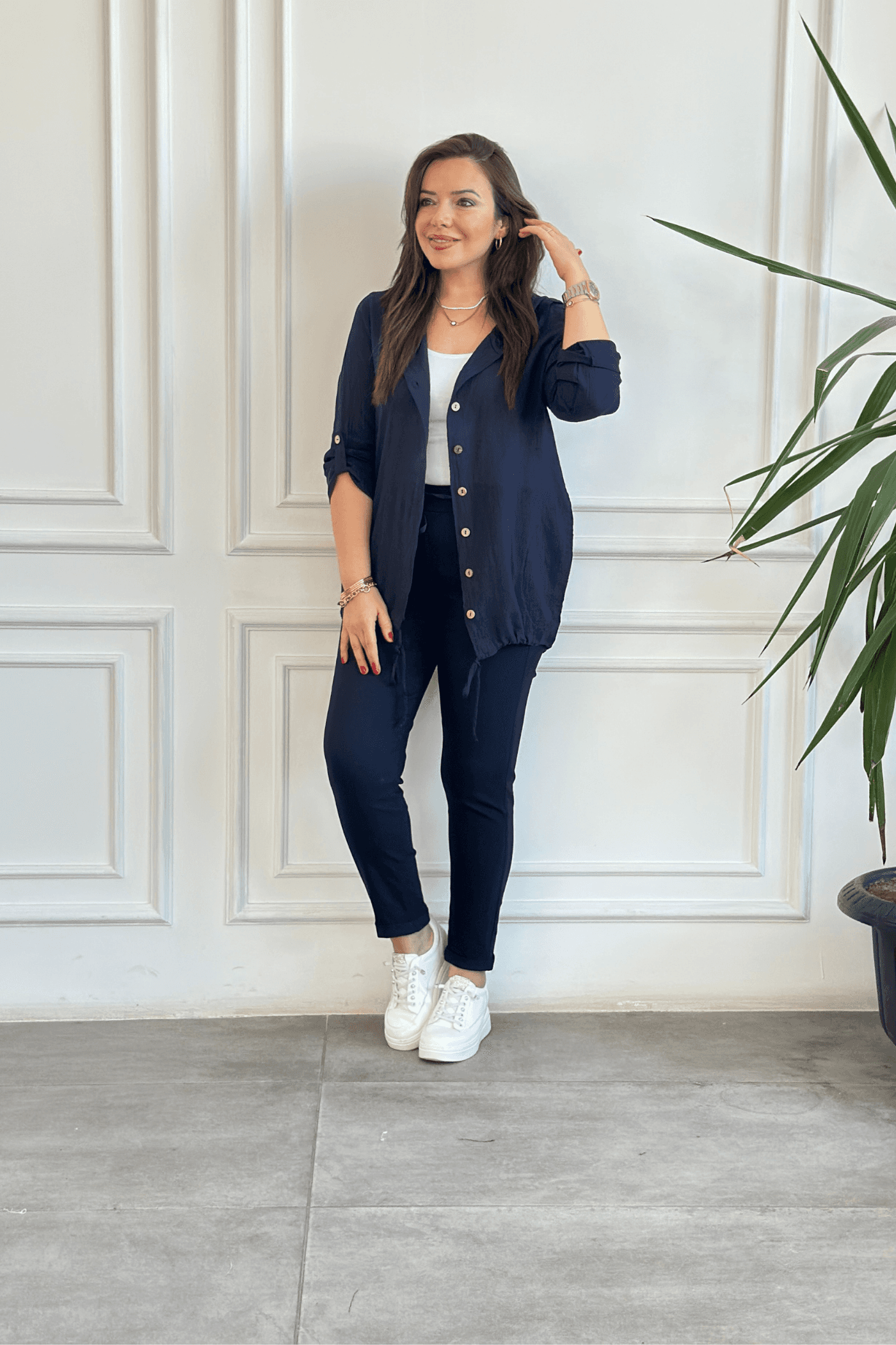 Beli Lastikli Duble Paça Pantolon - LACIVERT