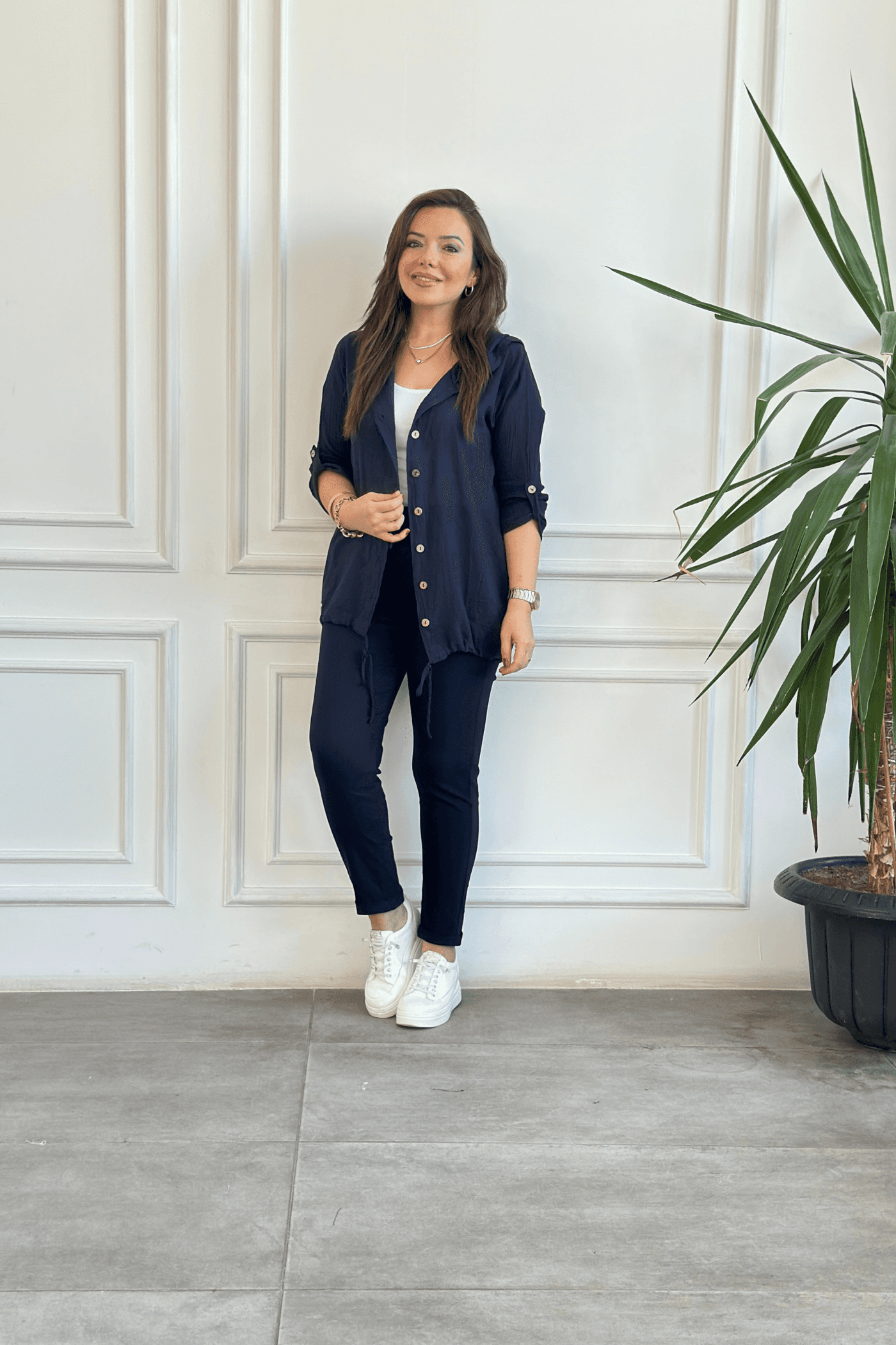 Beli Lastikli Duble Paça Pantolon - LACIVERT