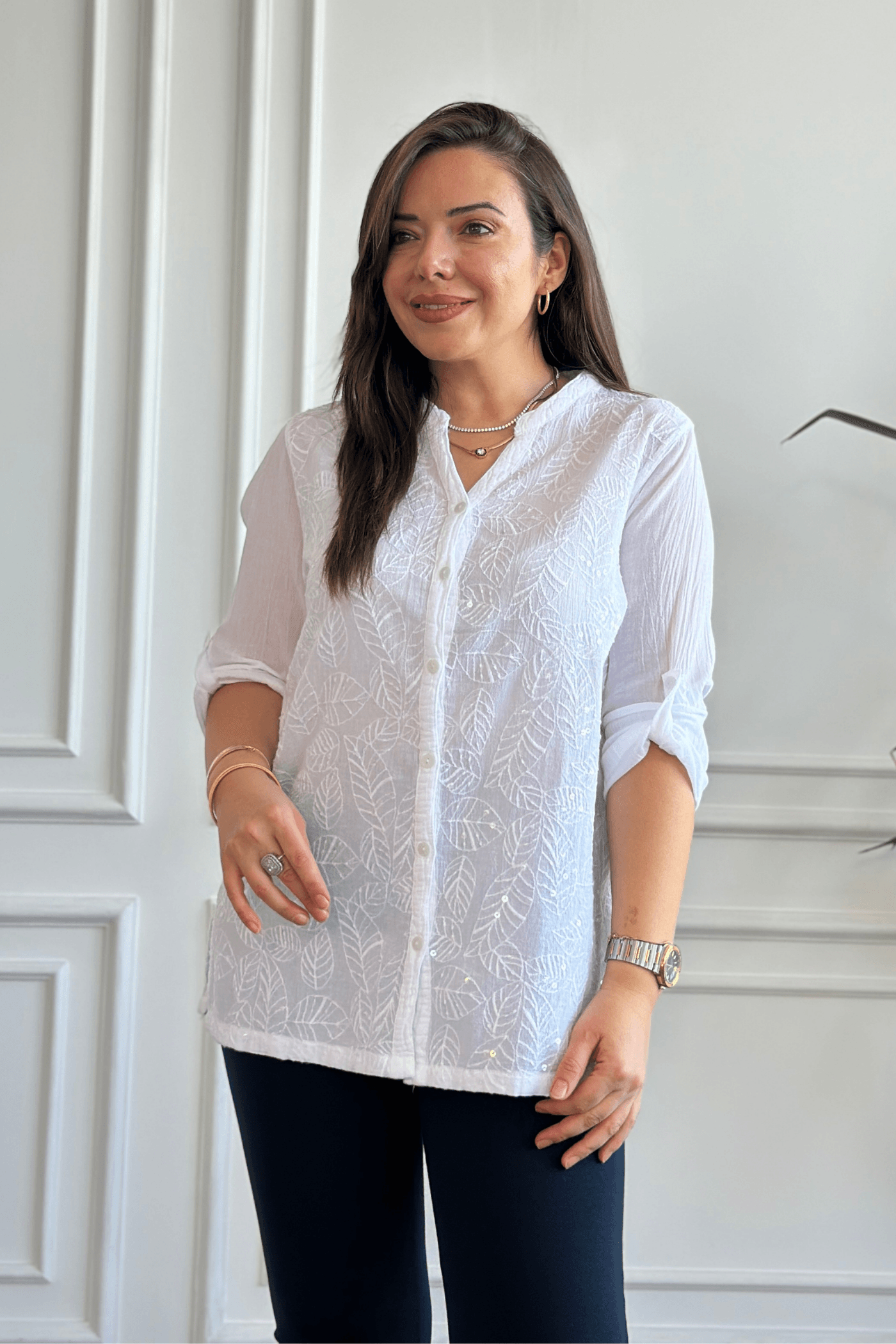 Önü Pul İşlemeli Pamuk Gömlek 
