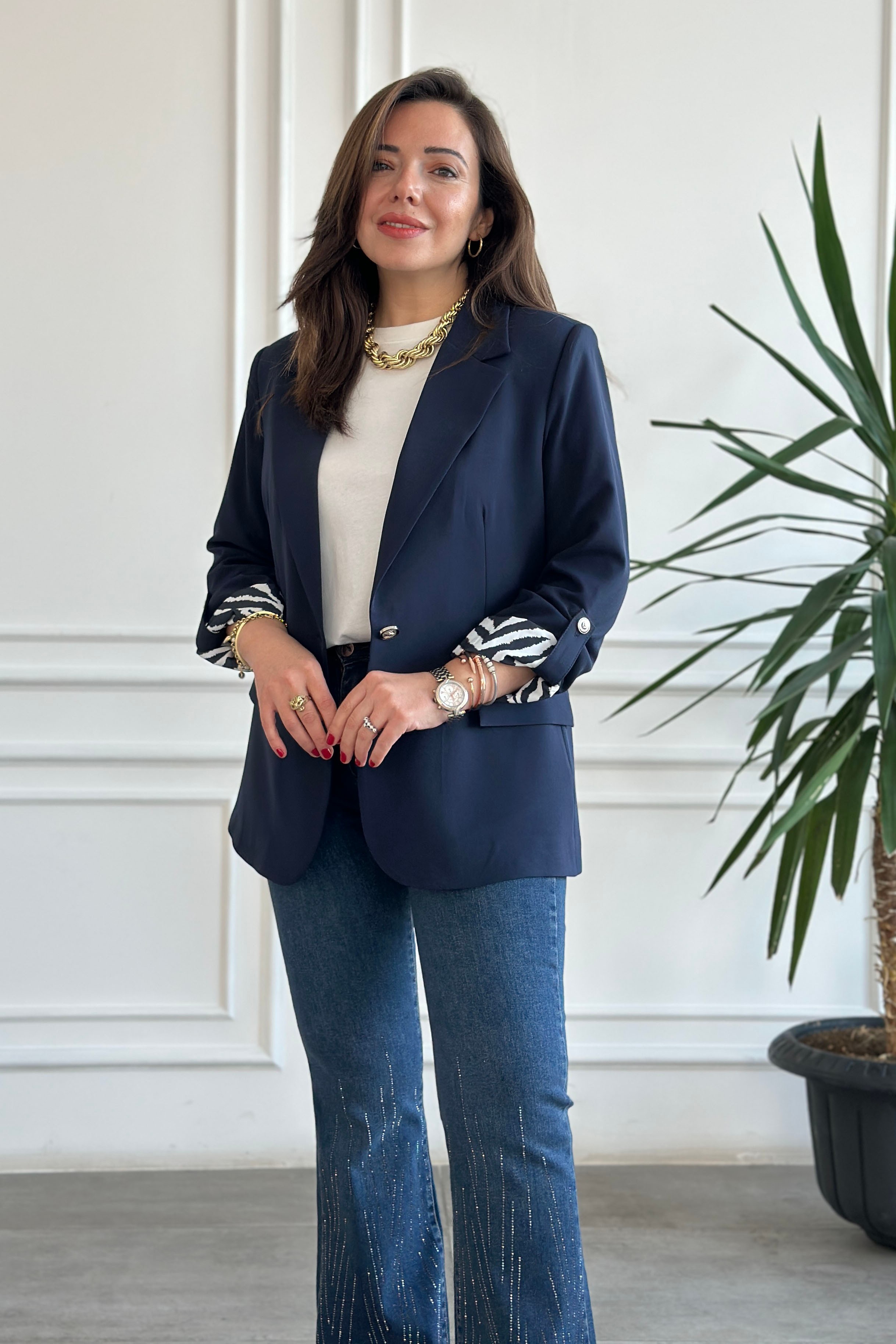 Yarım Astarlı Zebra Garnili Blazer Ceket - LACIVERT