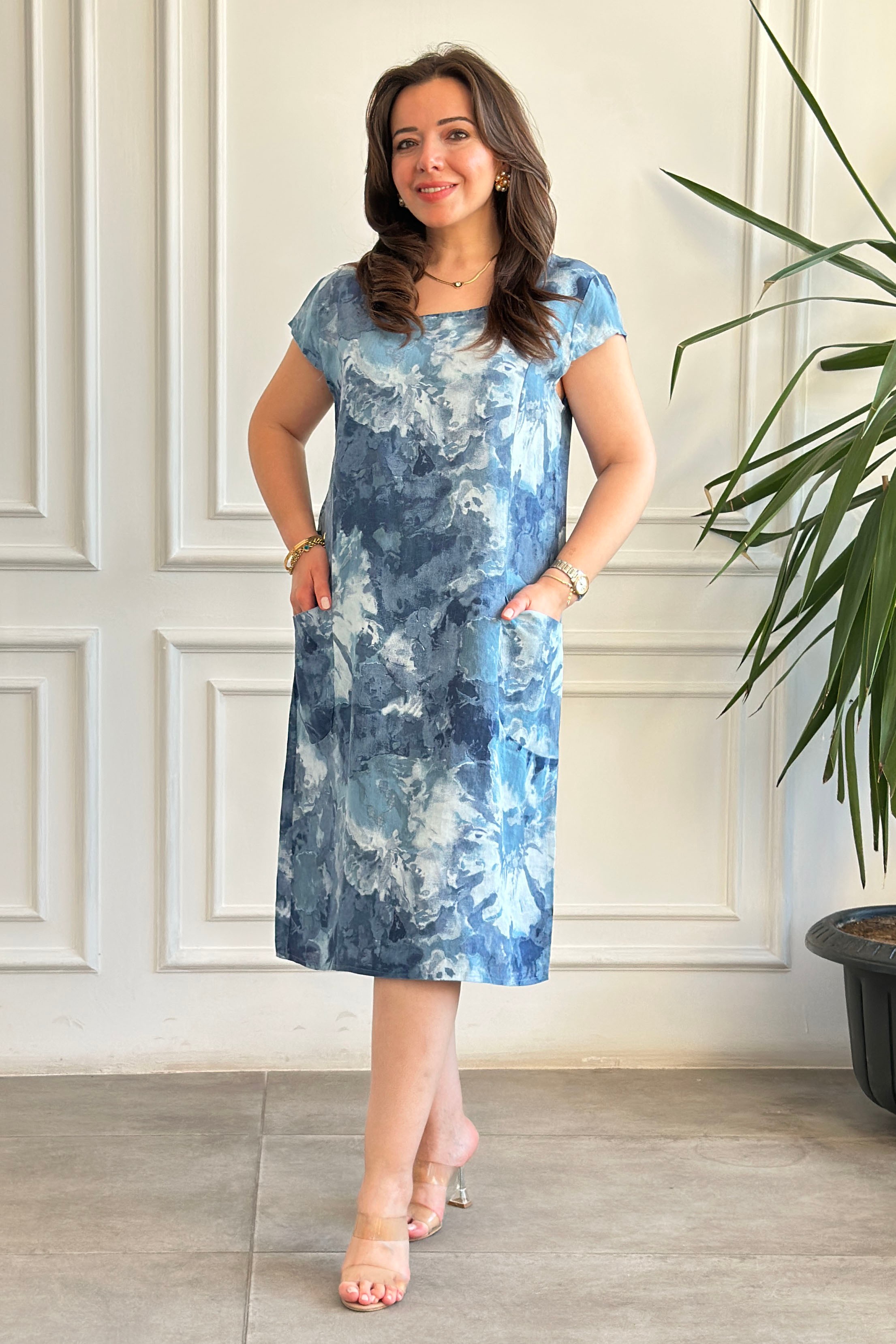 İtalyan Kısa Kollu Pamuk Keten Batik Desenli Elbise - INDIGO