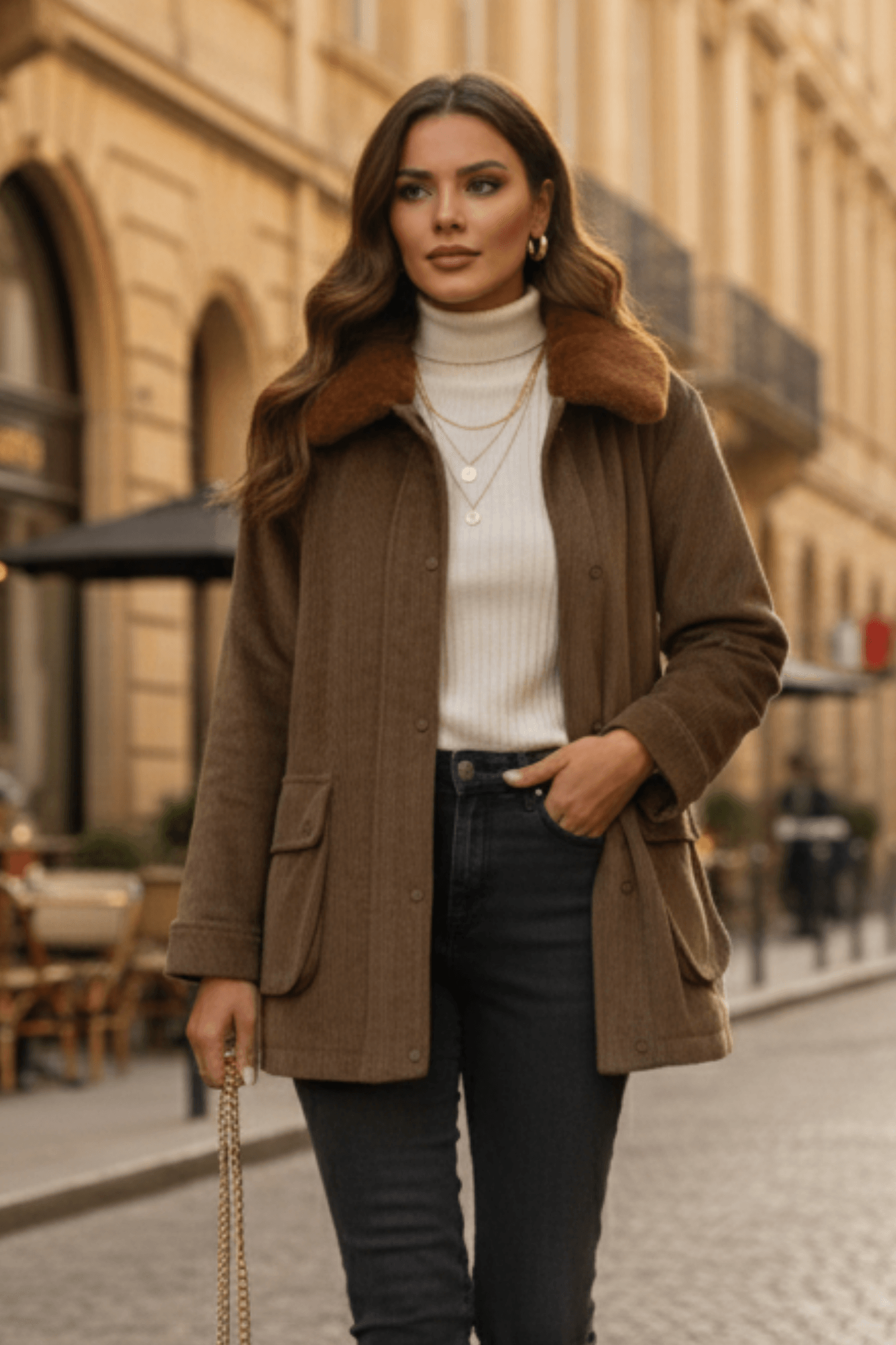 Yakası Kürk Detaylı Posta Cepli Kadife Ceket