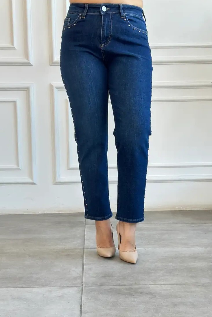 Cep Ve Yanları Drop Taş Detaylı Mom Jean - MAVI
