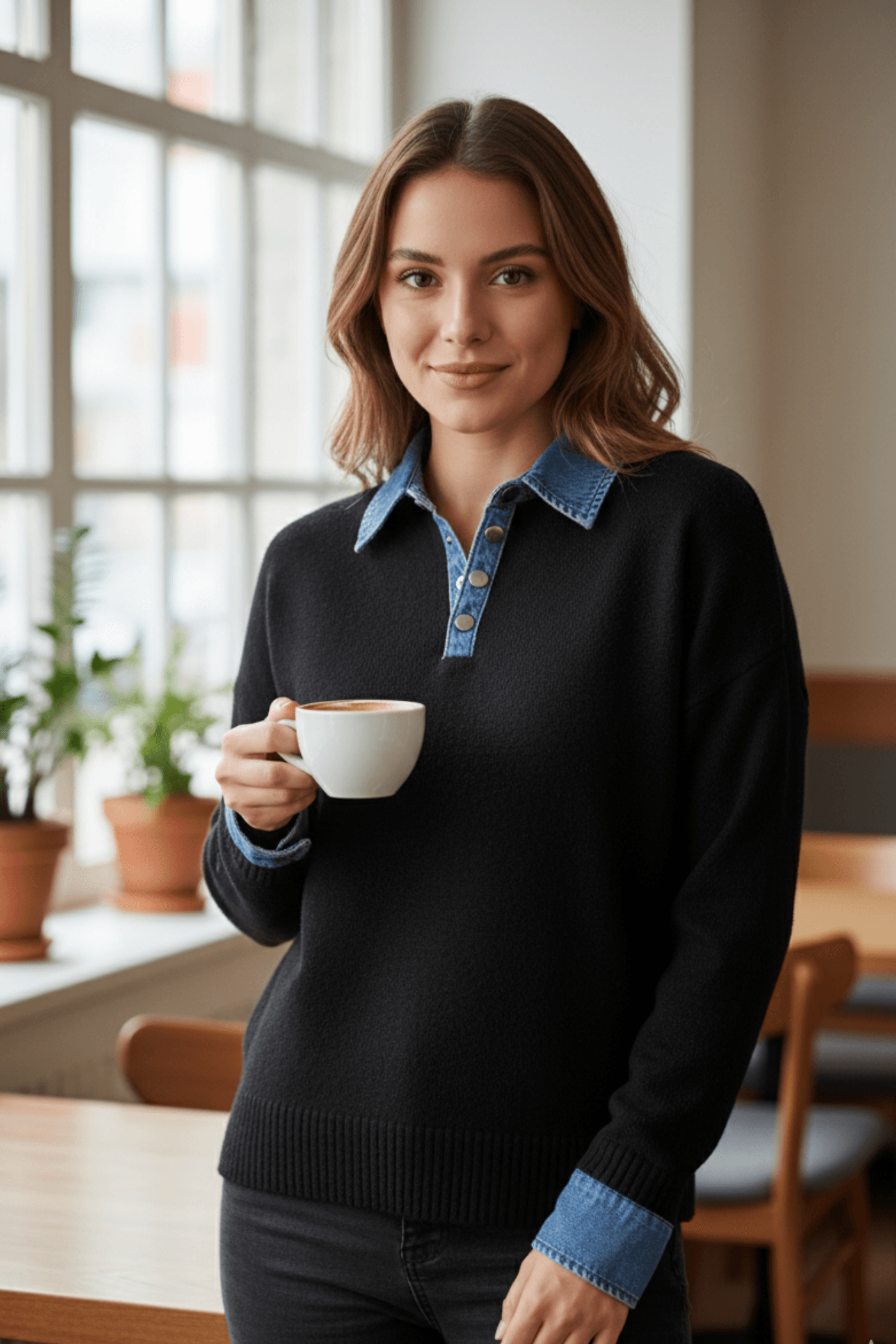 Yakası Kot Detaylı Triko Kazak