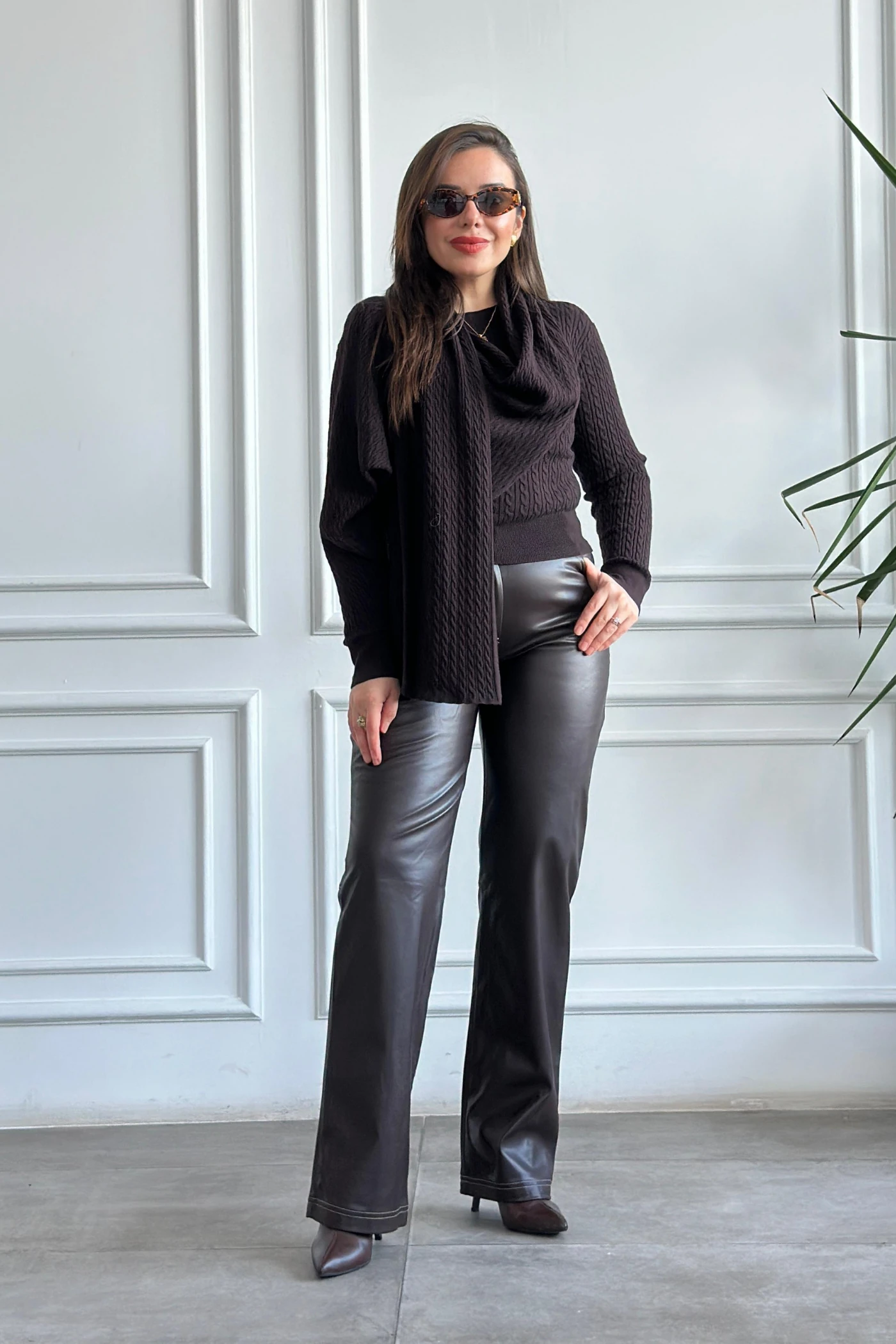 Sıvama Şardonlu Deri Pantolon - KAHVERENGI