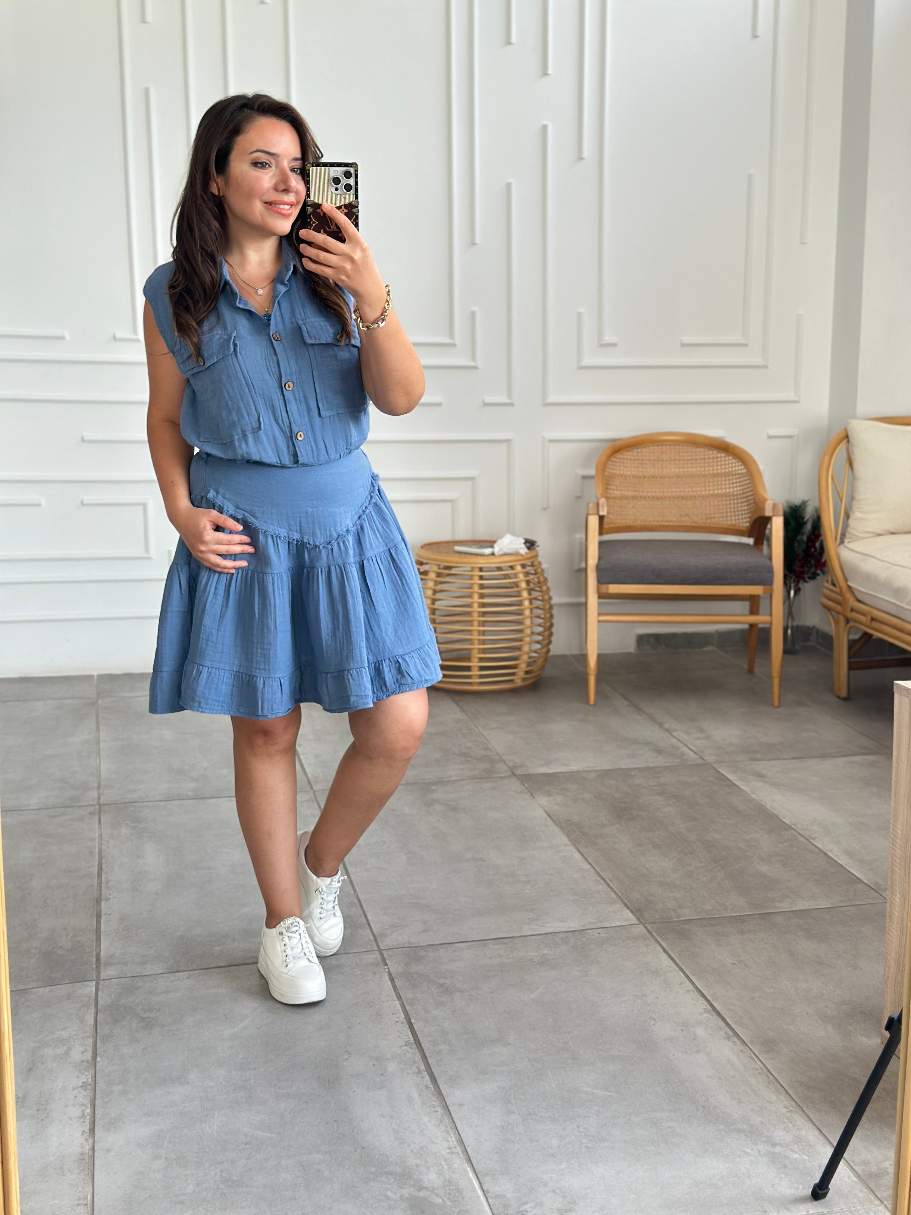 Beli Lastikli Cep Detaylı Kolsuz Müslin Bluz - INDIGO