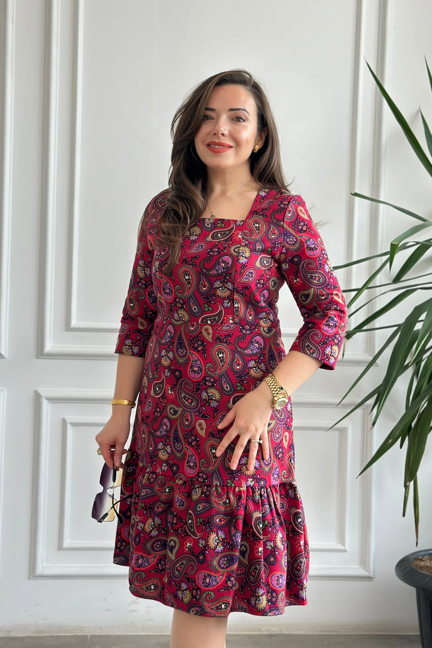 Etek Ucu Fırfırlı Kare Yaka Pazen Elbise - FUSYA MOR