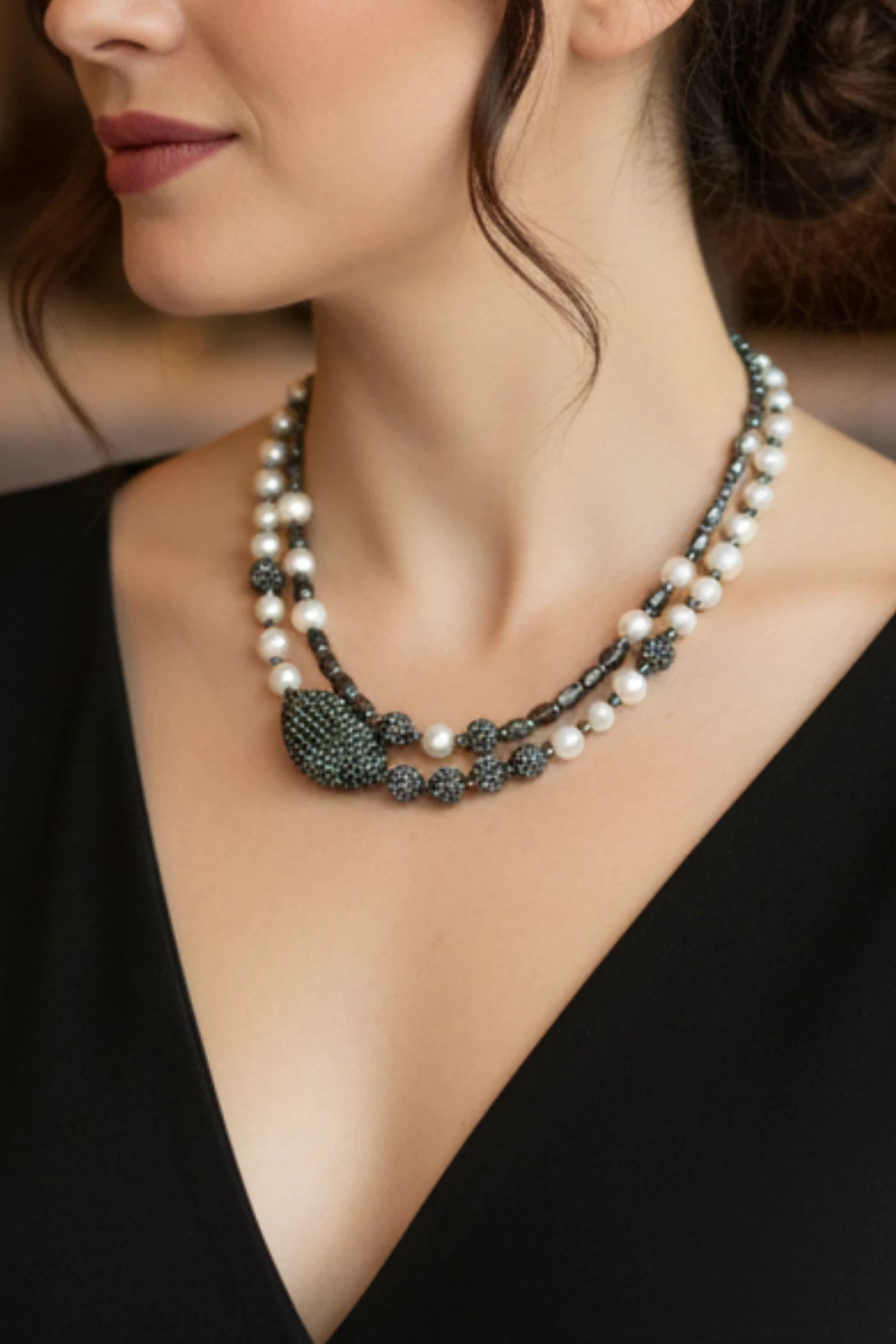 KLY08 İnci Ve Doğal Taş Detaylı İkili Kolye 