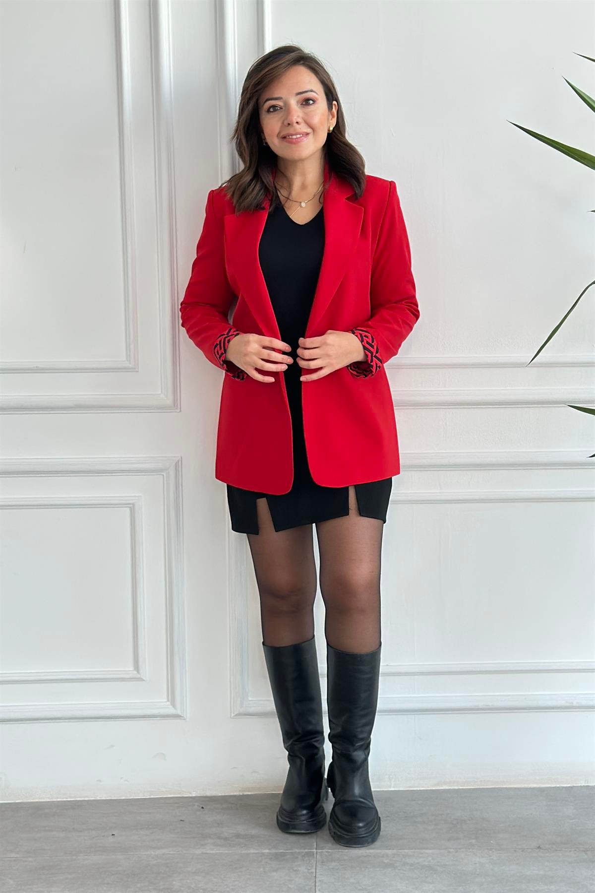 Manşetleri Ve Astarı Labirent Desenli Blazer Ceket