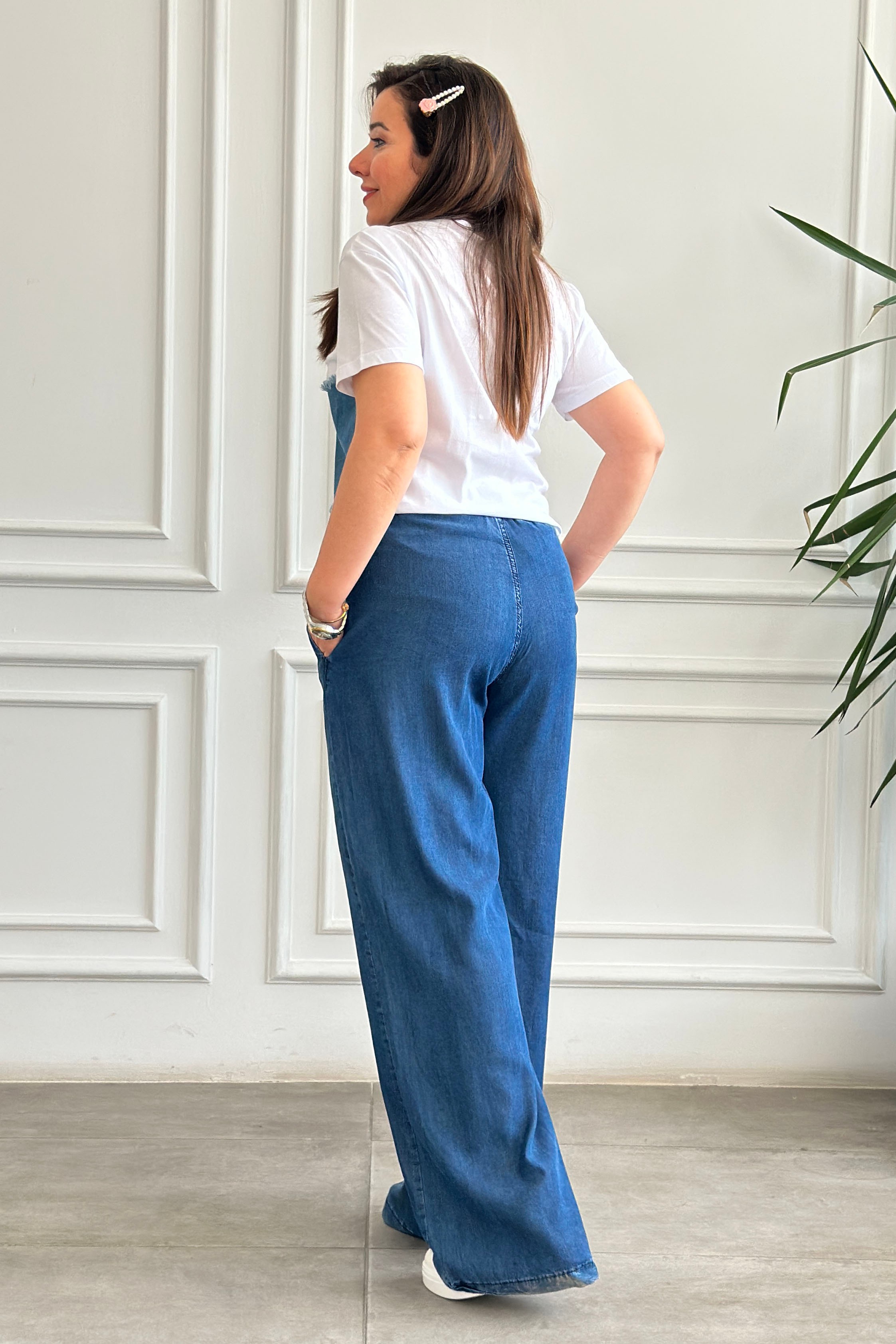 Beli Lastikli Bol Paça Tensel Pantolon