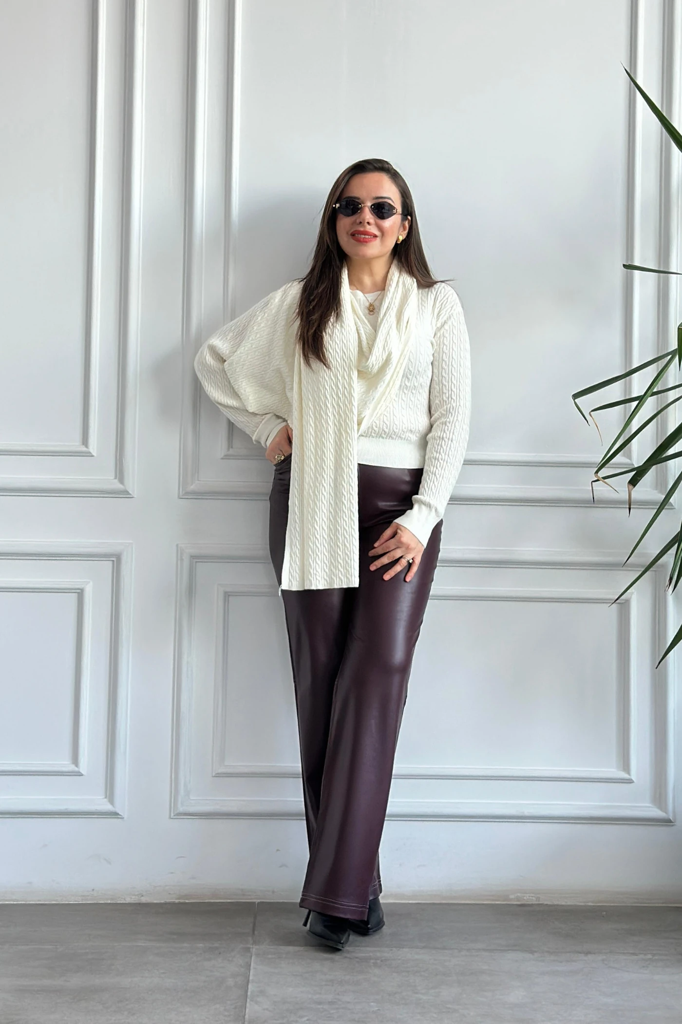 Sıvama Şardonlu Deri Pantolon - BORDO