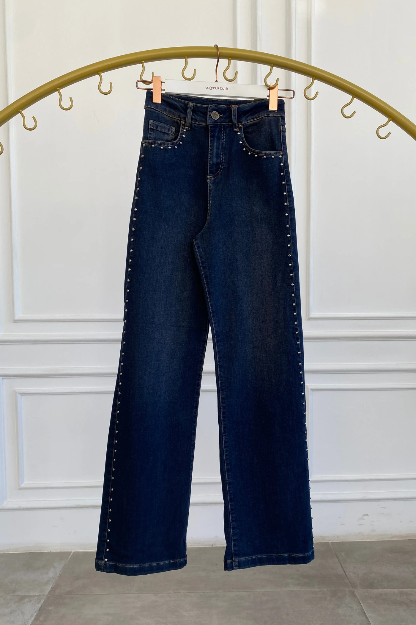 Cep Ve Yanları Drop Taş Detaylı Palazzo Kot Pantolon - KAHVE TINT