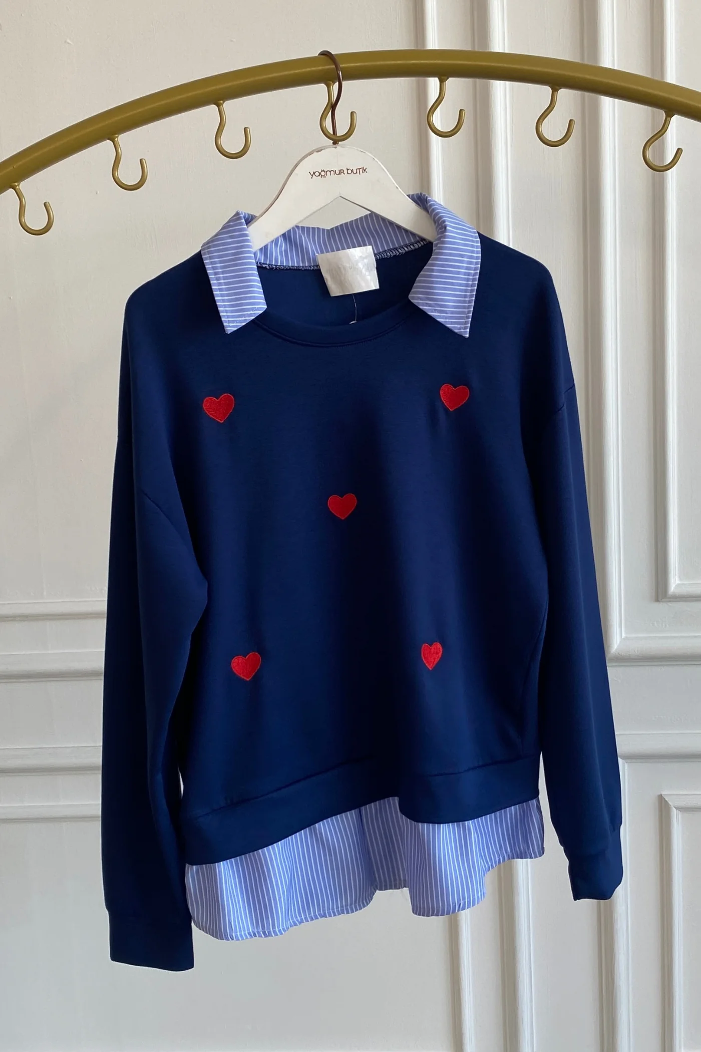 Kalp Nakışlı Polo Yaka Gömlek Detaylı Sweat - LACIVERT