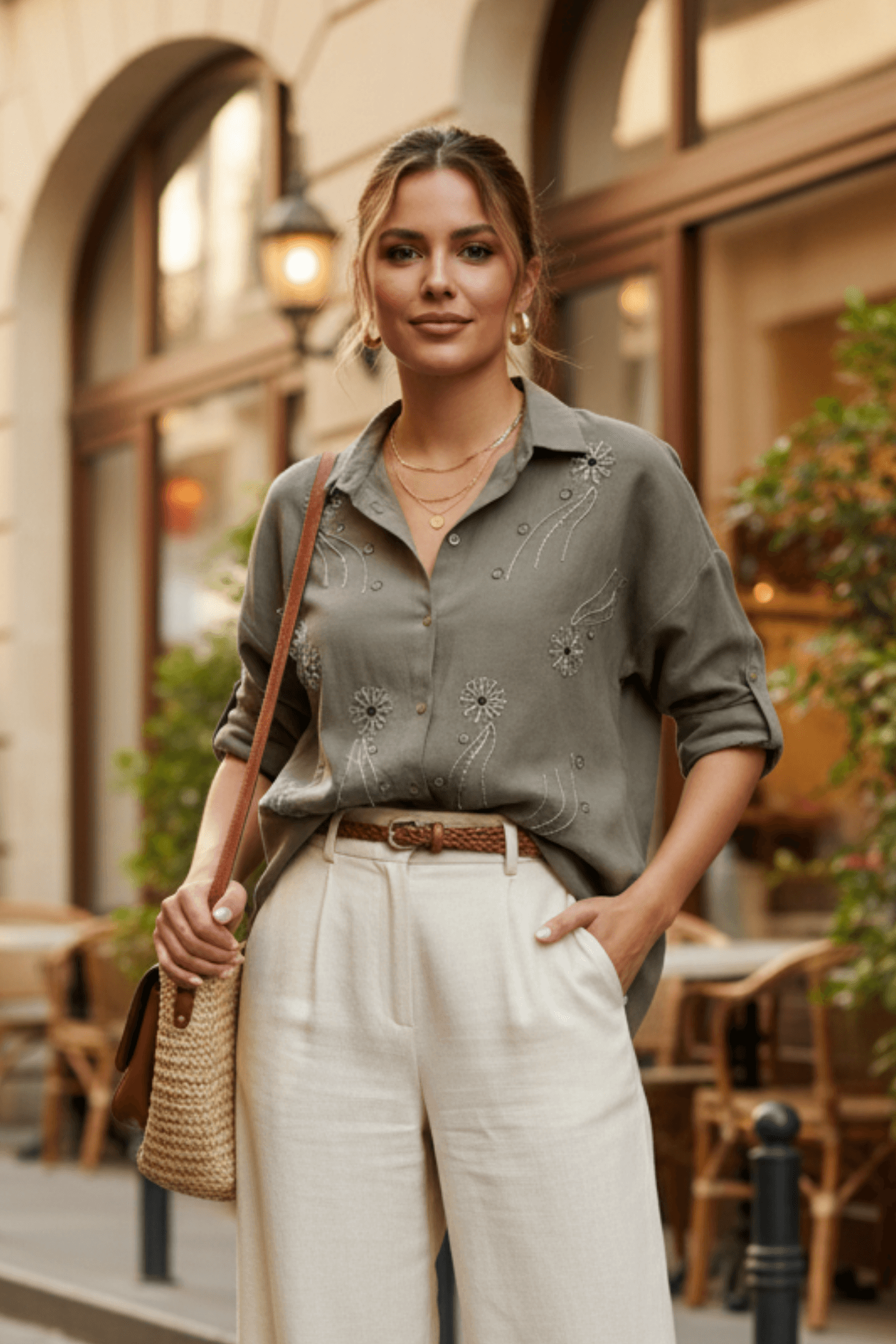 Önü Boncuk Çiçek İşlemeli Gömlek 