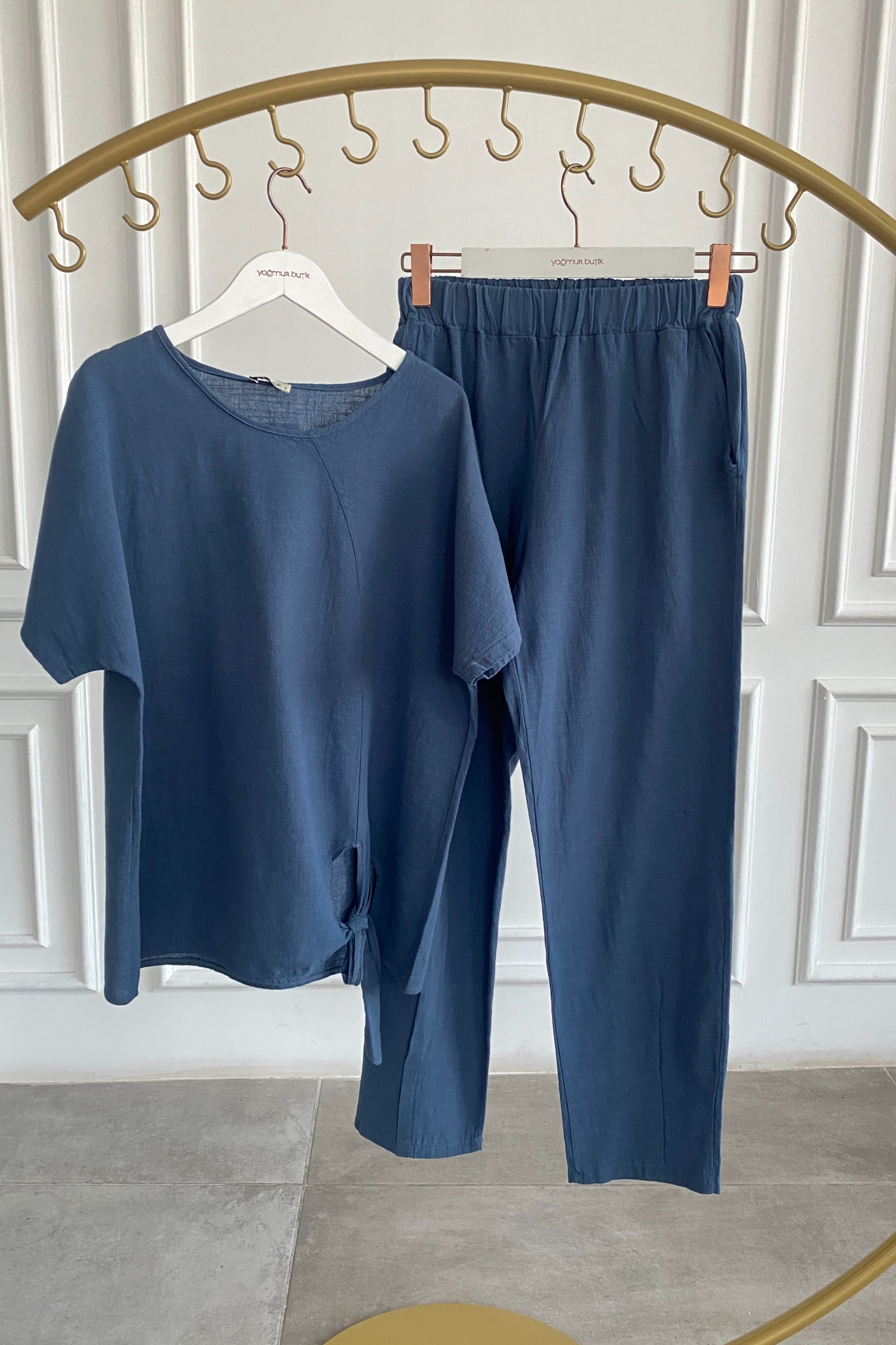 Keten Bağcıklı Bluz Pantolon
