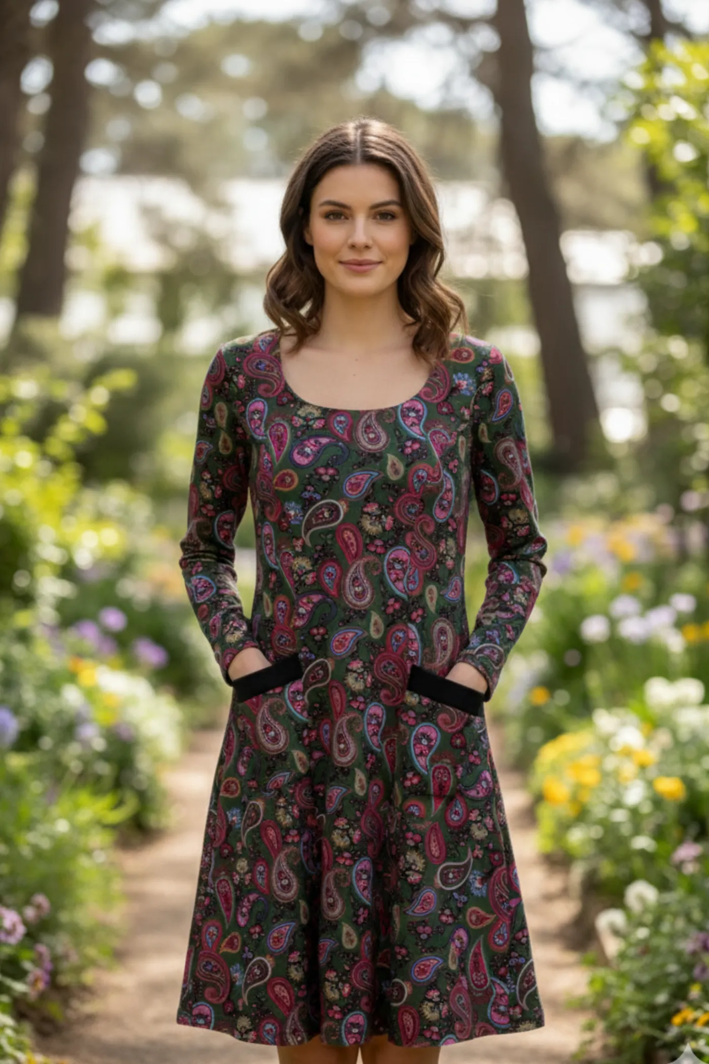 Oval Yaka Yanları Cep Detaylı Pazen Çan Elbise - PEMBE HAKI