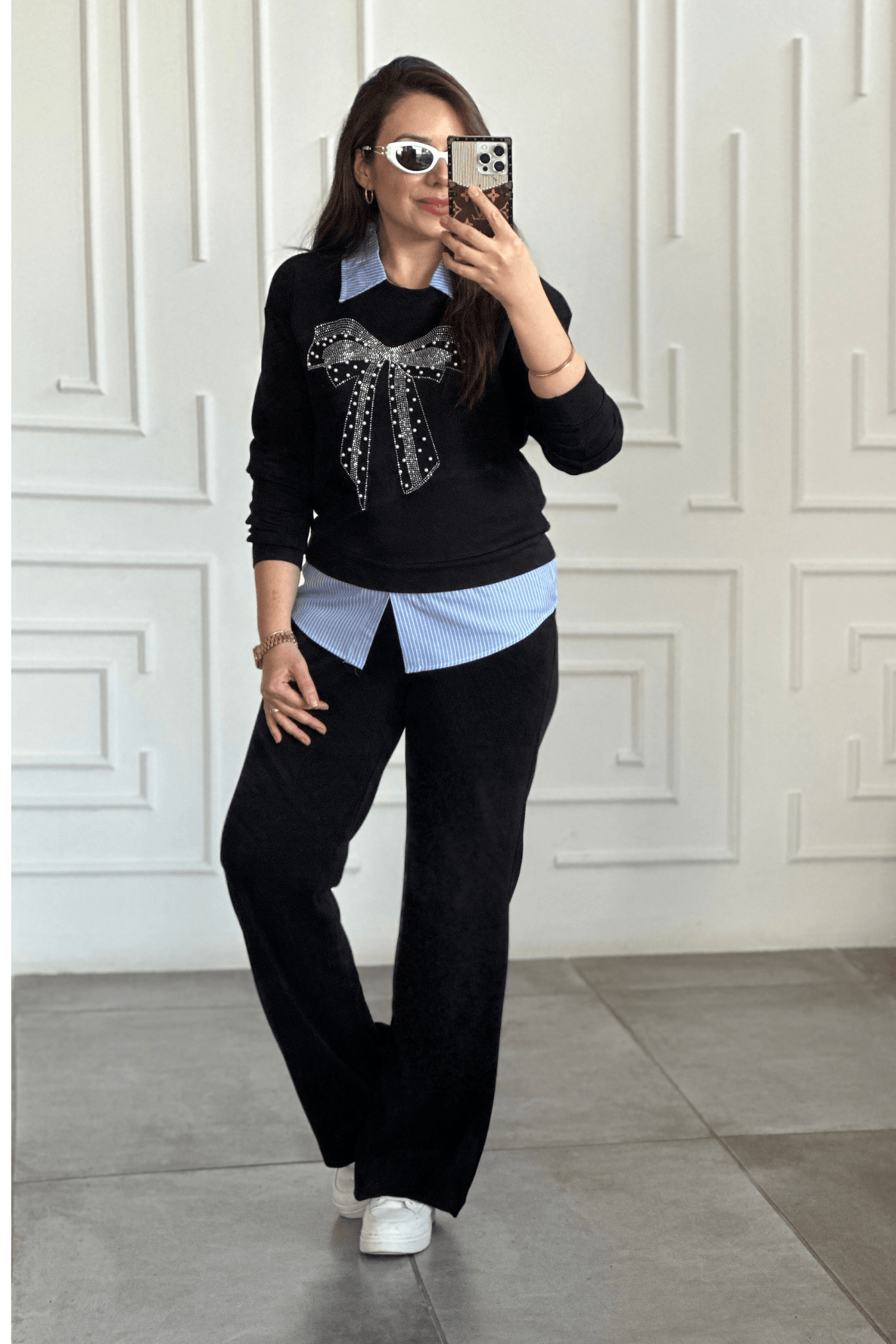 Beli Lastikli Kadife Bol Paça Pantolon - SIYAH