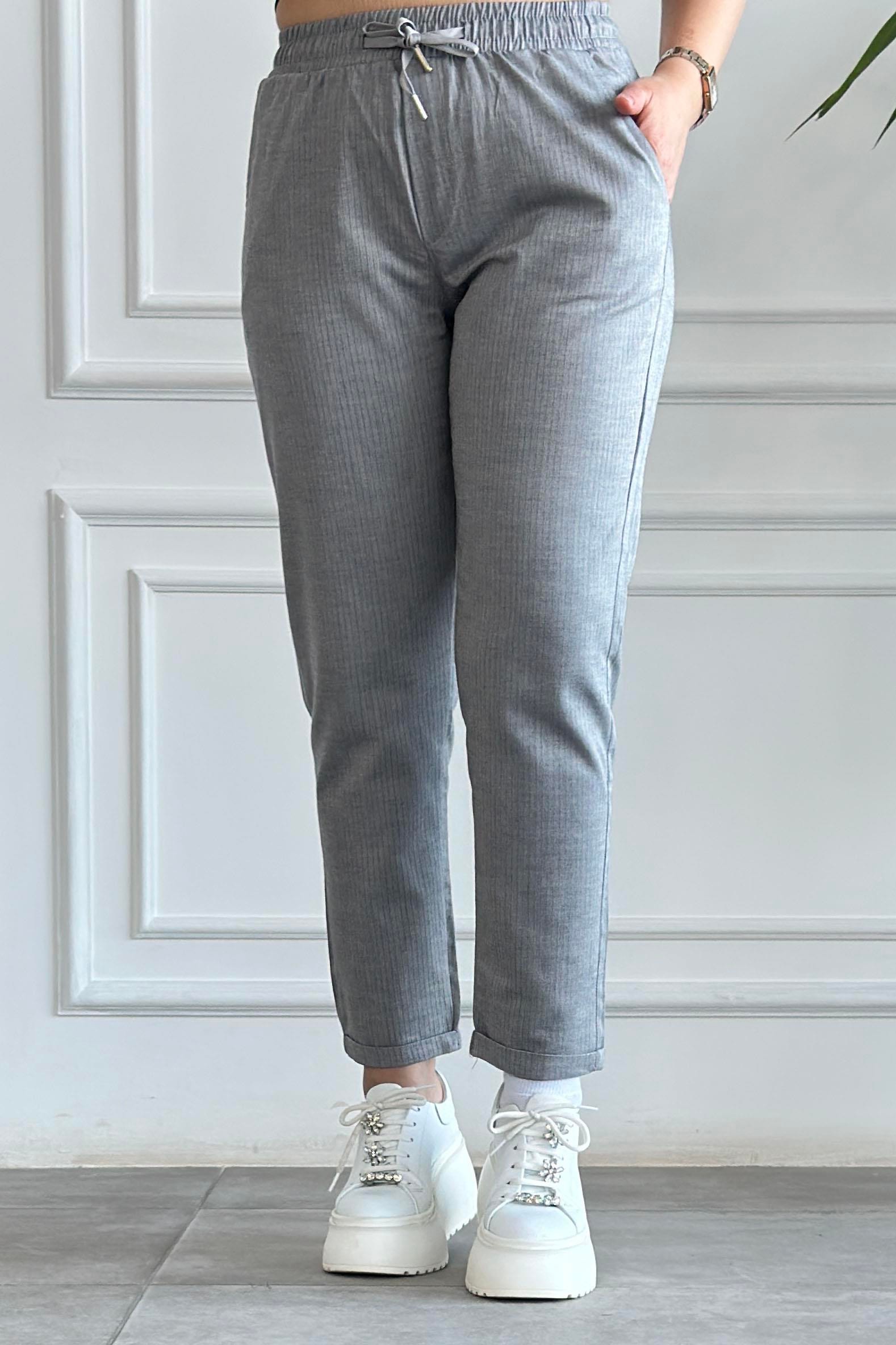 Duble Paça Beli Lastikli Çizgili Pantolon