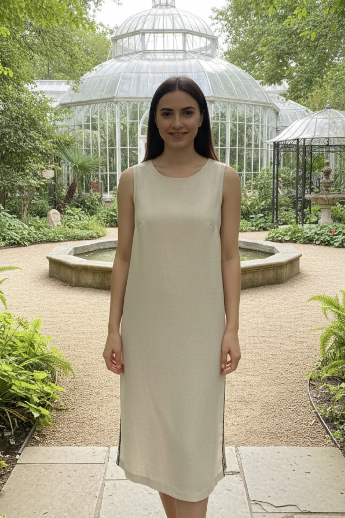 Şerit Detaylı Keten Elbise