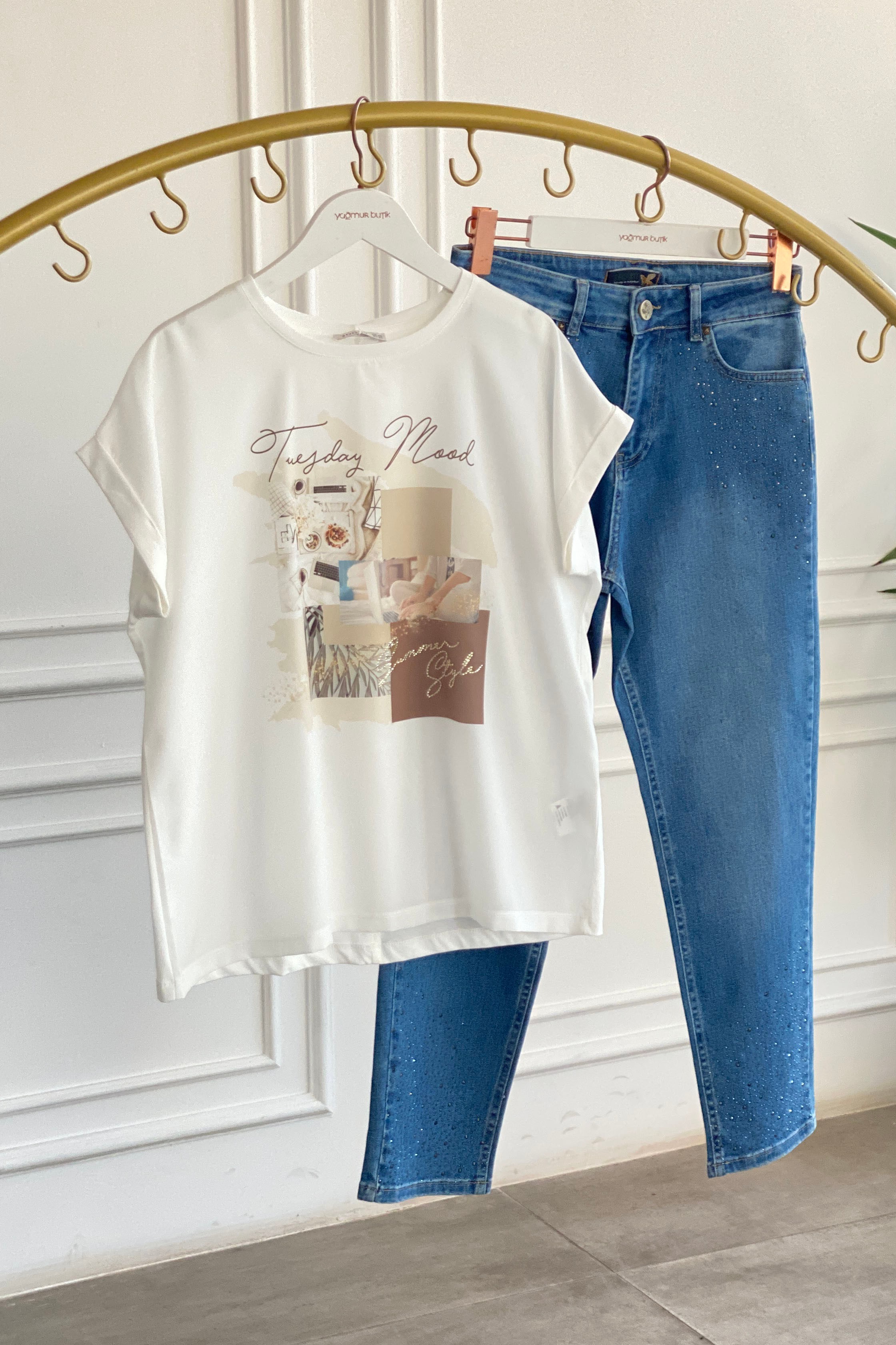 Bisiklet Yaka Önü Baskılı T-Shirt - KAHVERENGI