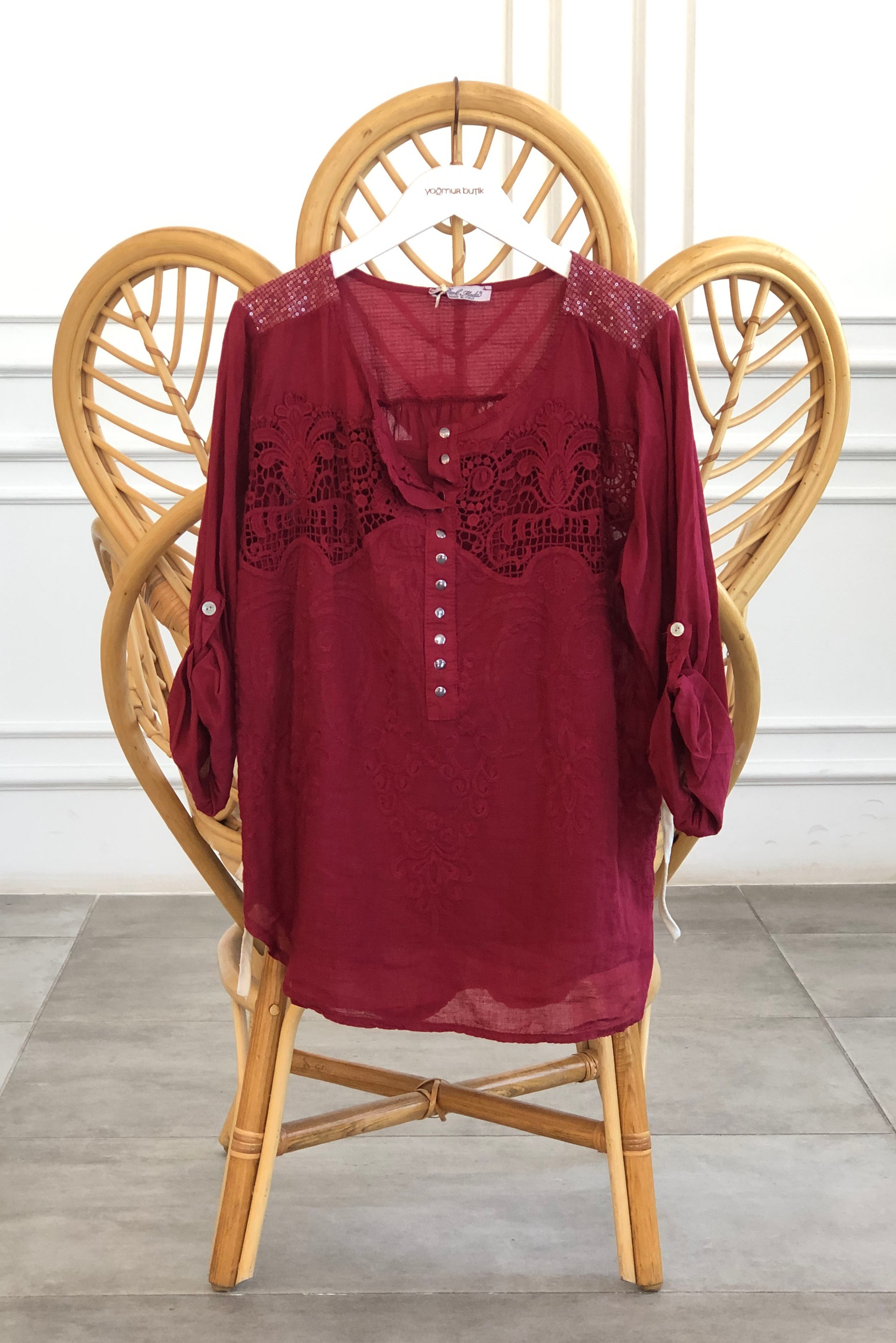 Pul Detaylı Dantelli İç Atletli Bluz - BORDO