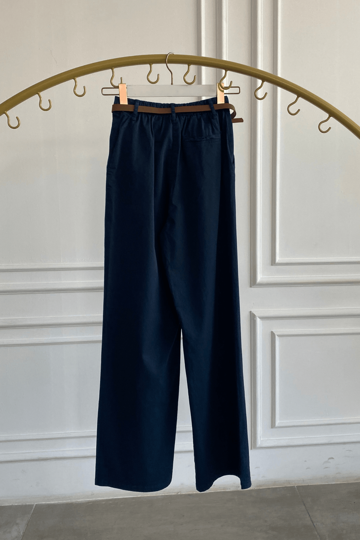 Beli Lastikli Kemerli Bol Paça Pantolon - LACIVERT