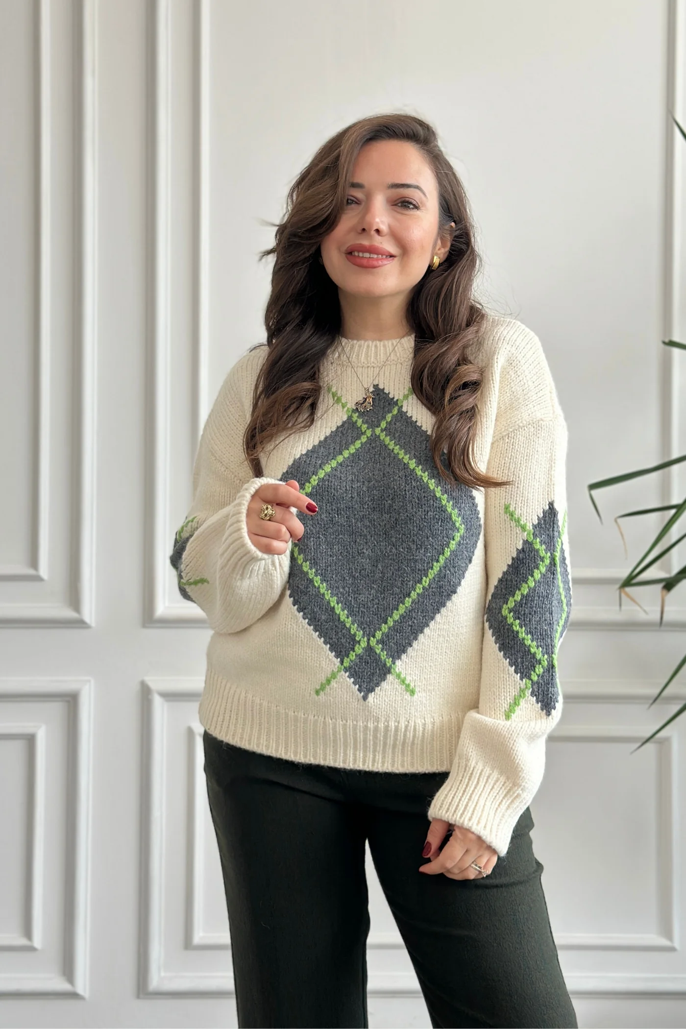 Ön Ve Kolları Desenli Bisiklet Yaka Kazak