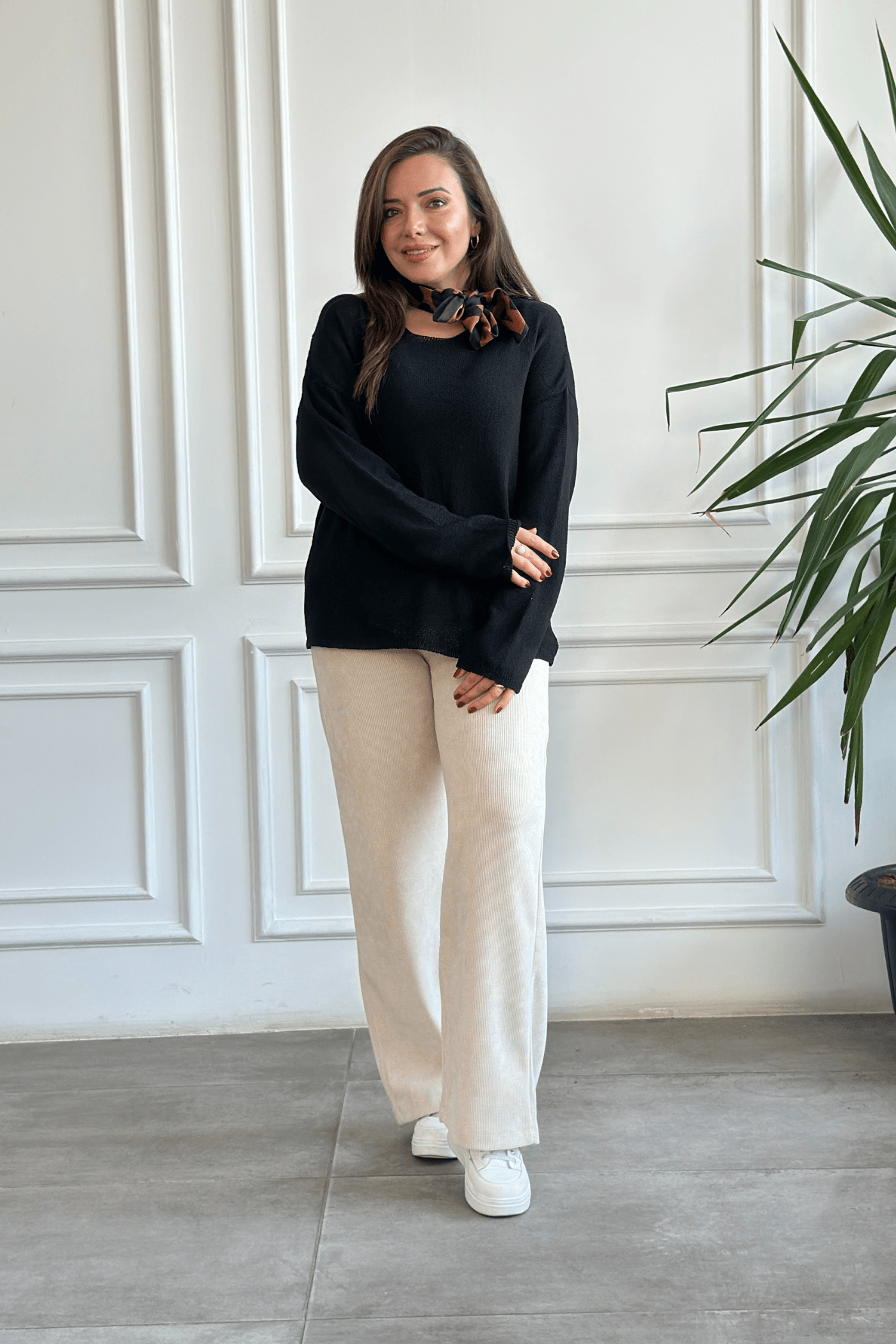 Beli Lastikli Kadife Bol Paça Pantolon - BEJ