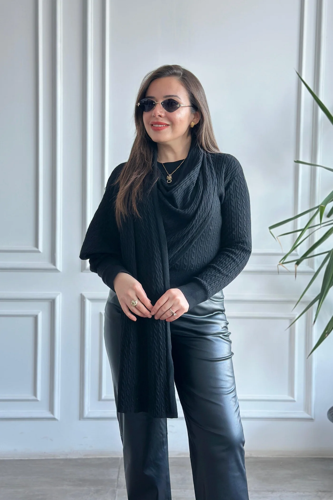 Sıvama Şardonlu Deri Pantolon - SIYAH