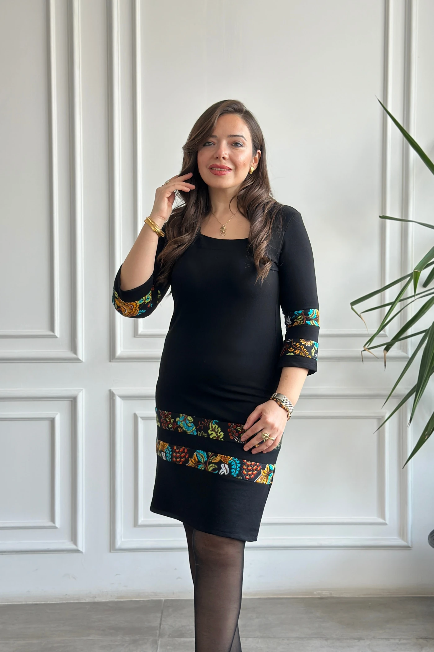 Etek Ve Kol Pazen Detaylı Pamuk Elbise - HARDAL