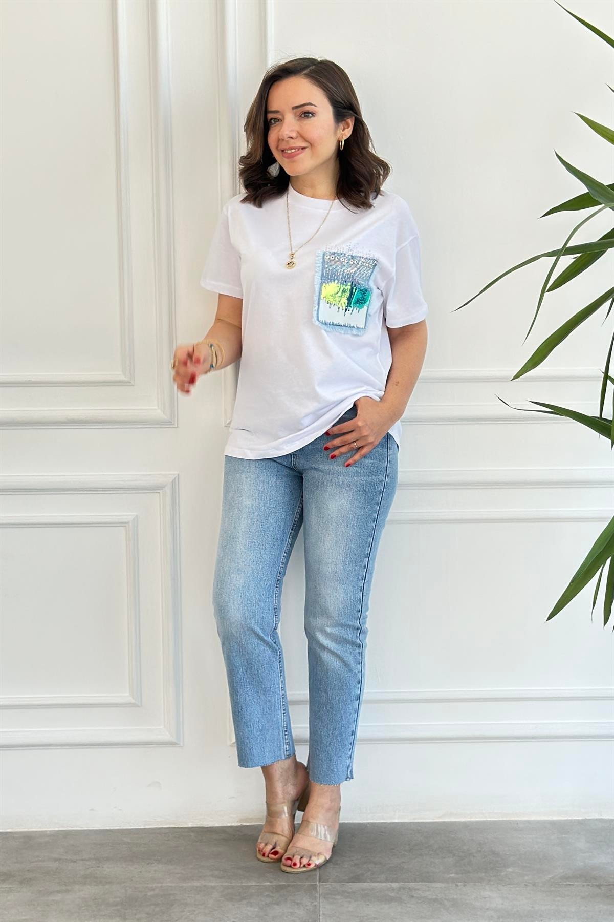 Cebi Kot Ve Taş Detaylı T-Shirt