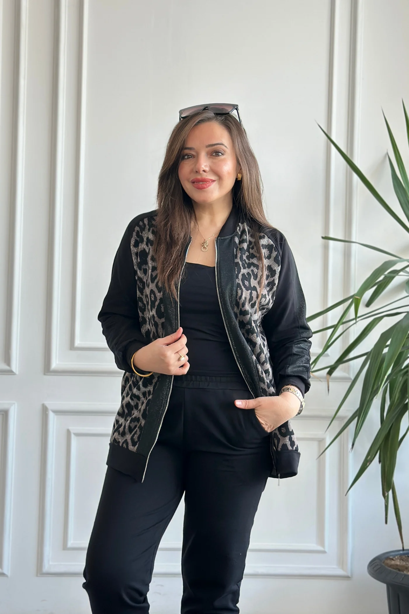 Leopar Detaylı Fermuarlı Eşofman Takımı  - SIYAH