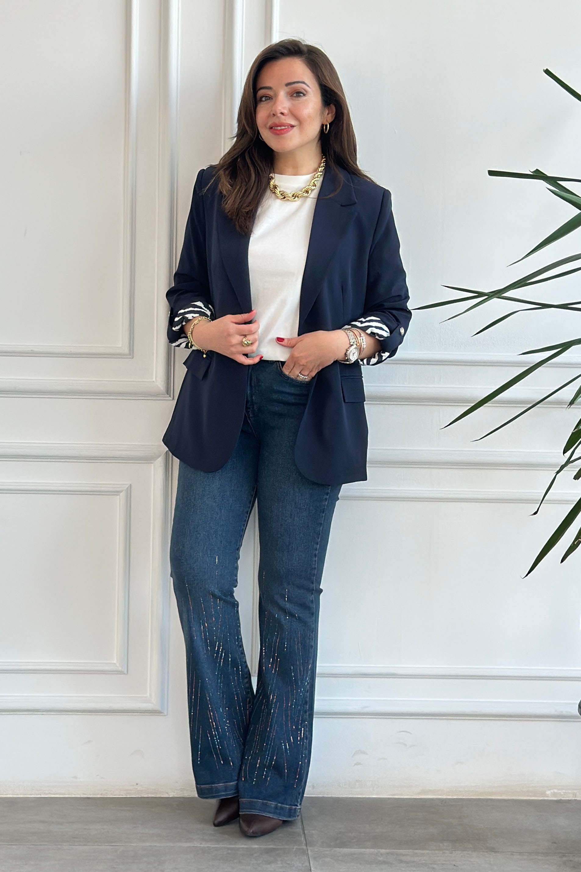 Yarım Astarlı Zebra Garnili Blazer Ceket - LACIVERT