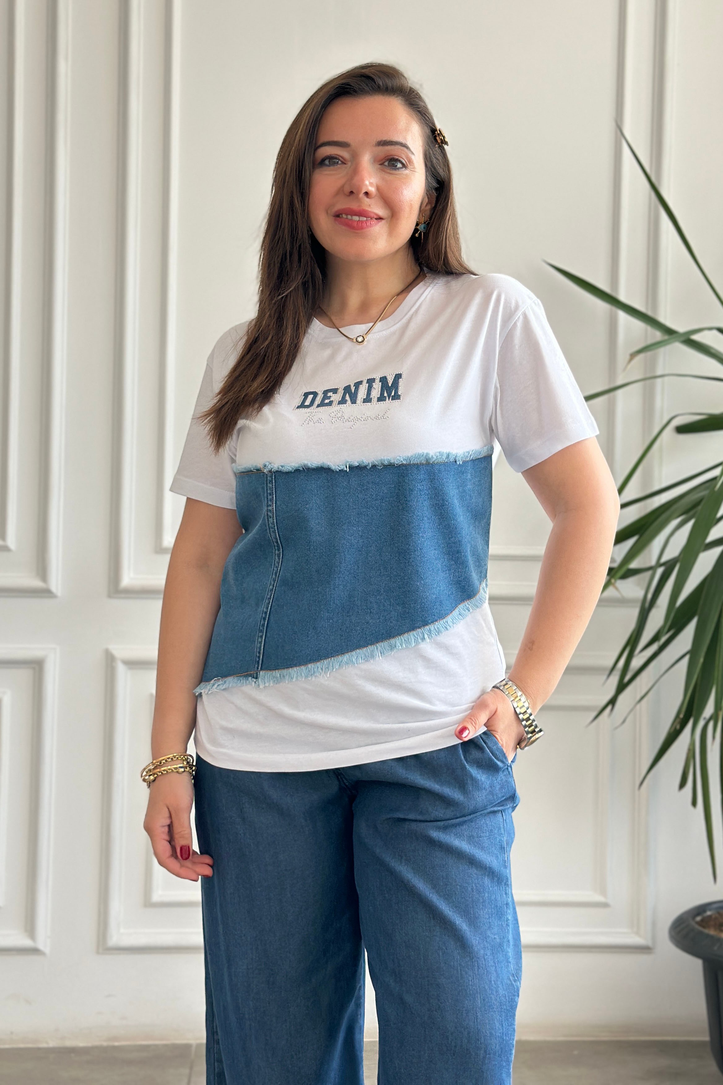 Taşlı Yazı Baskılı Kot Detaylı T-Shirt