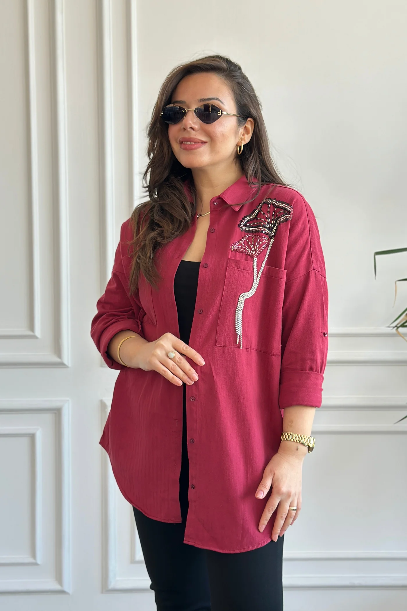 Cebi Çiçek Taş Boncuk İşlemeli Gömlek