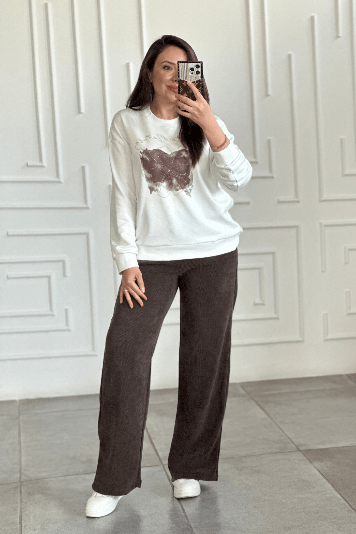 Beli Lastikli Kadife Bol Paça Pantolon