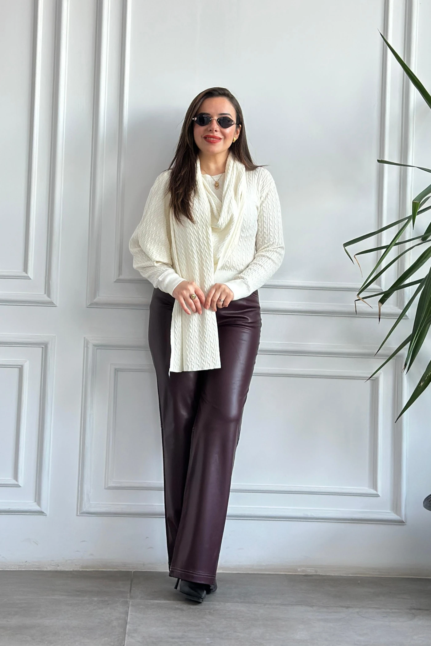 Sıvama Şardonlu Deri Pantolon - BORDO