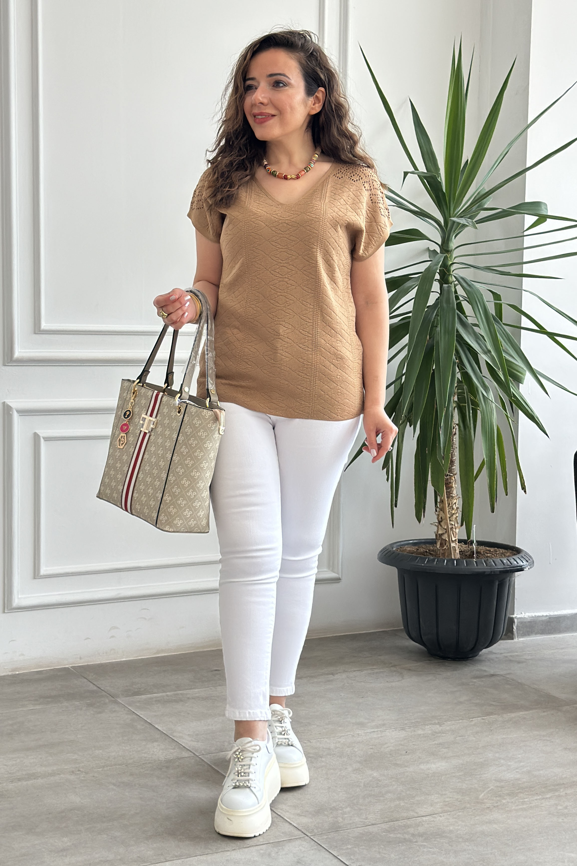 Düşük Omuzlu Desenli Merserize Triko