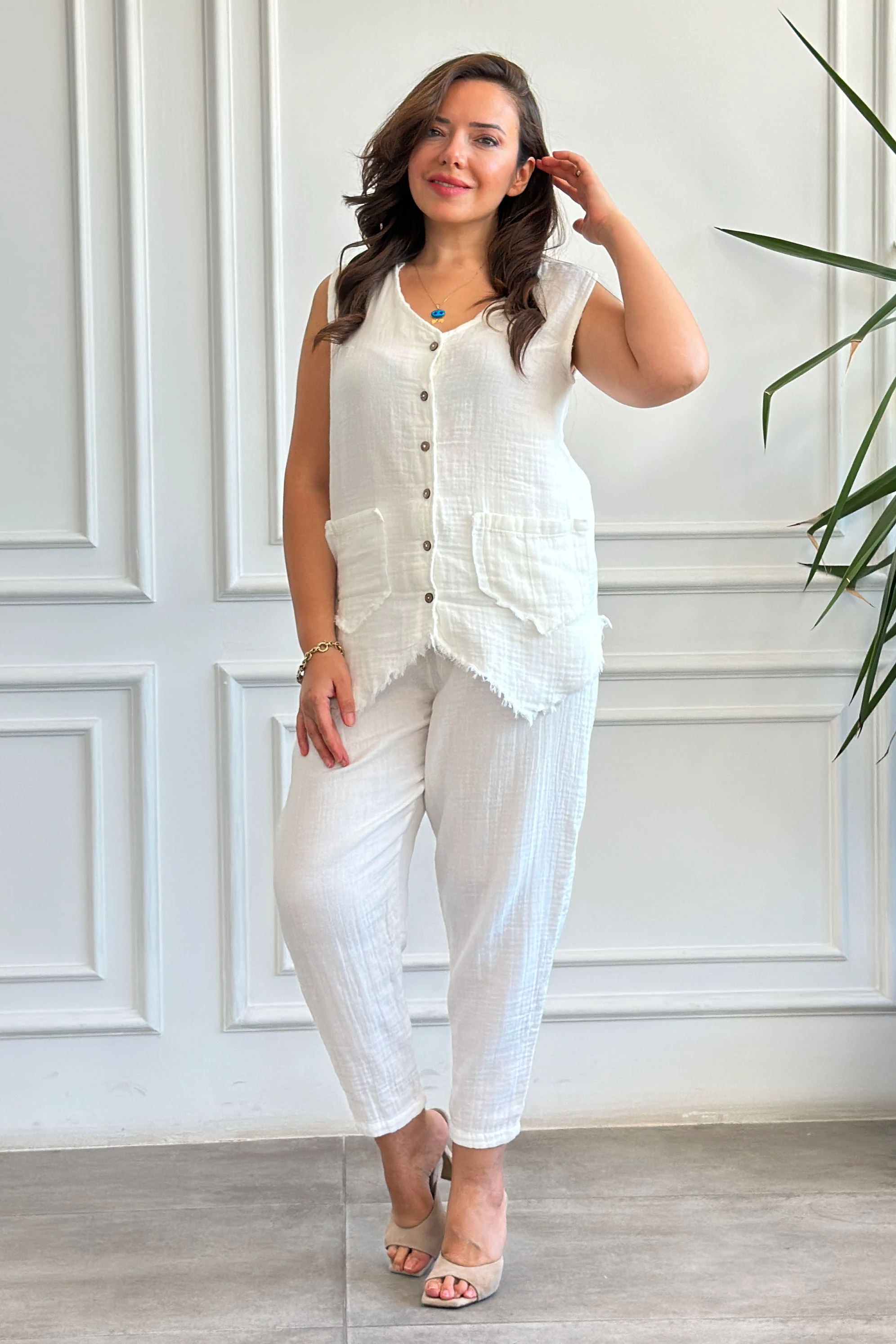 Önden Düğme Detaylı Cepken Yelek - EKRU