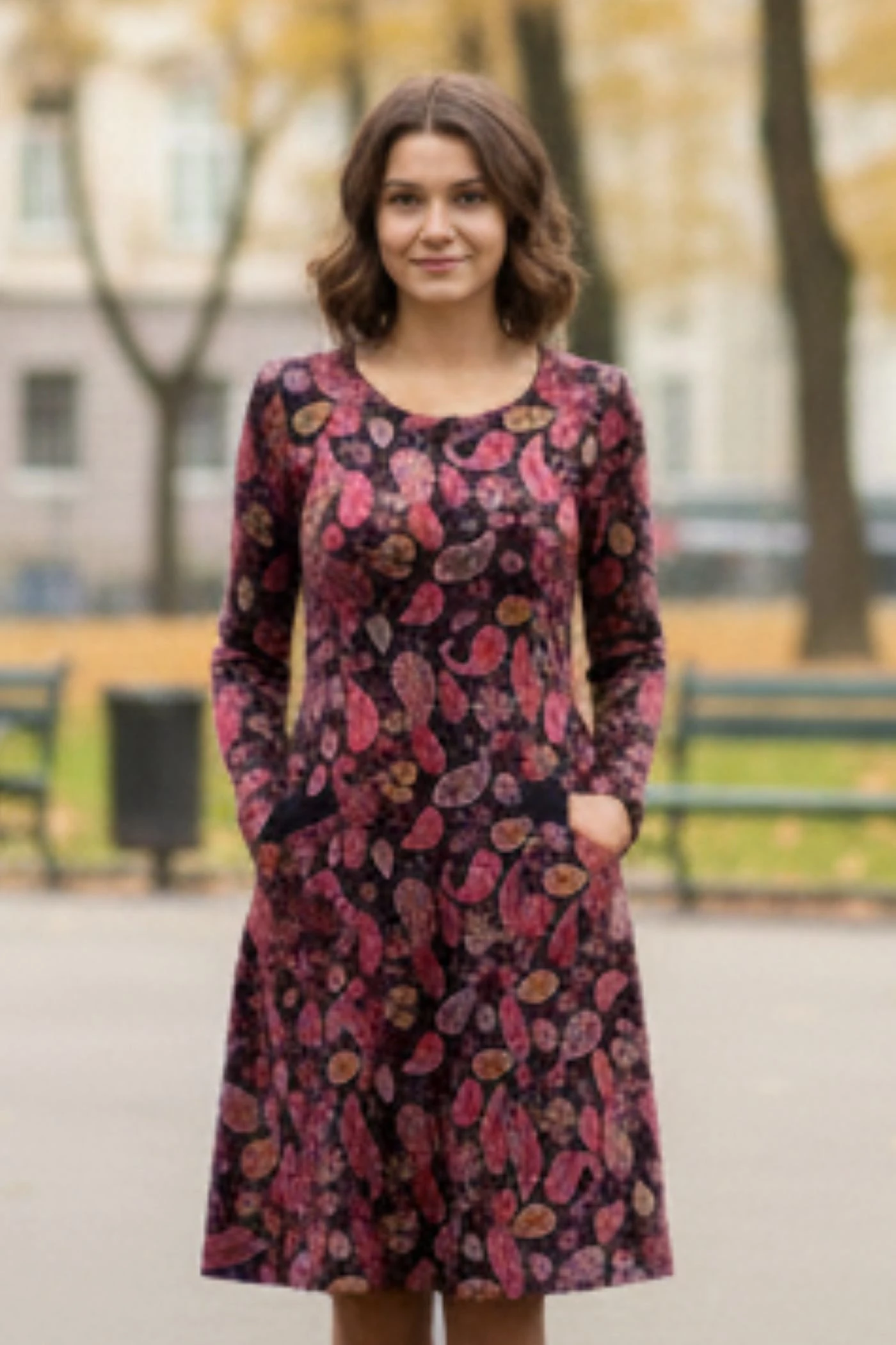 Oval Yaka Yanları Cep Detaylı Pazen Çan Elbise - SIYAH MOR