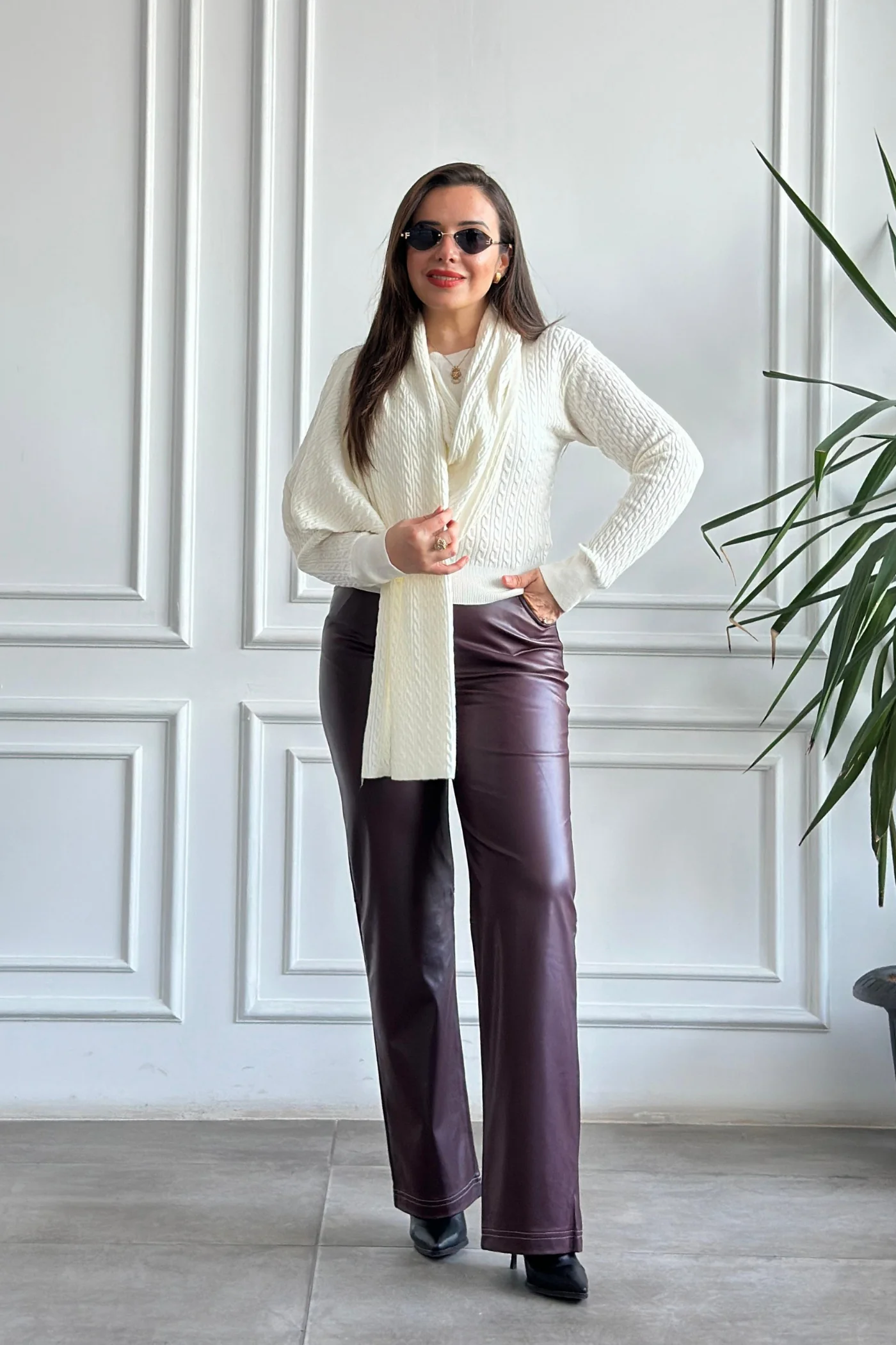 Sıvama Şardonlu Deri Pantolon - BORDO