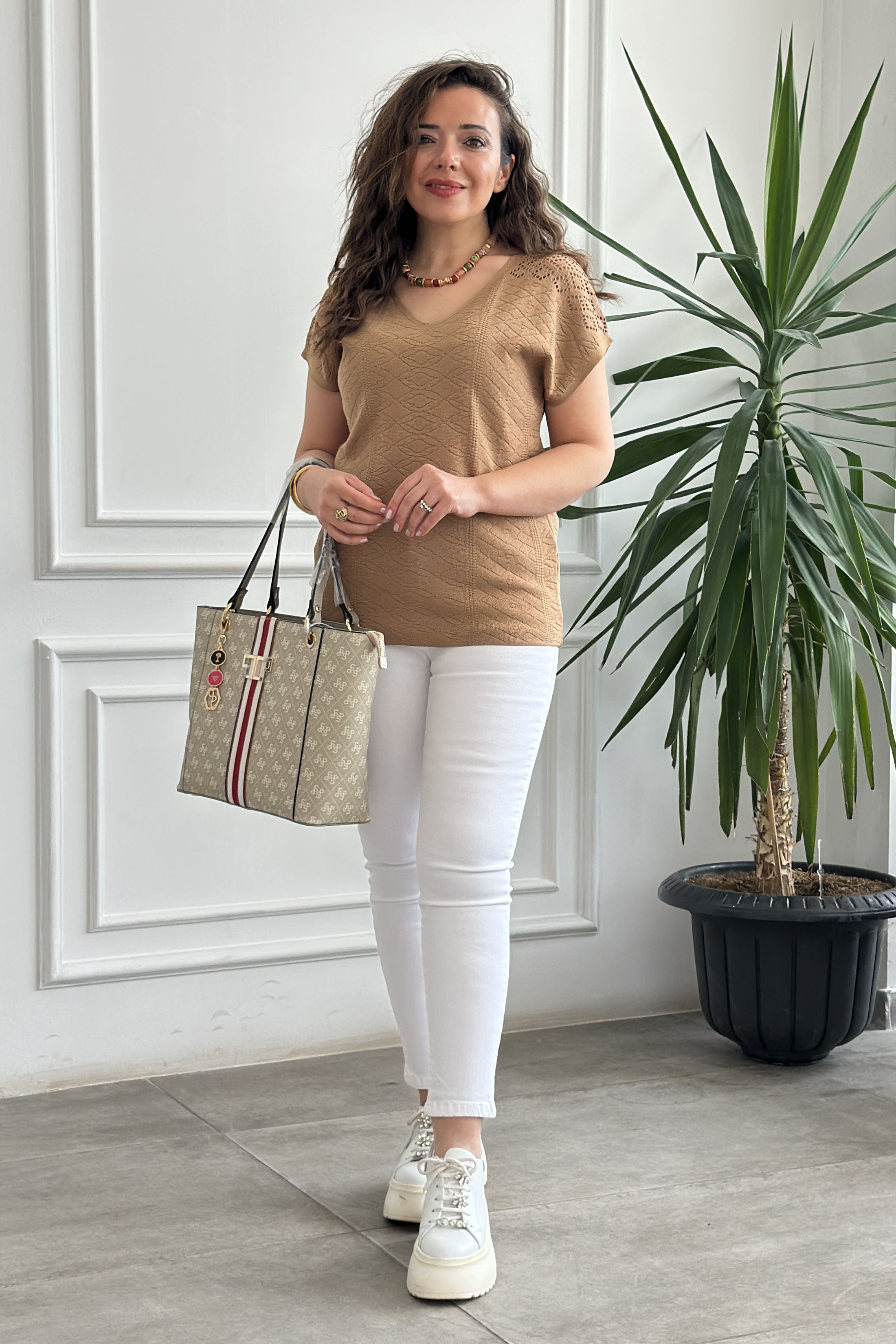 Düşük Omuzlu Desenli Merserize Triko