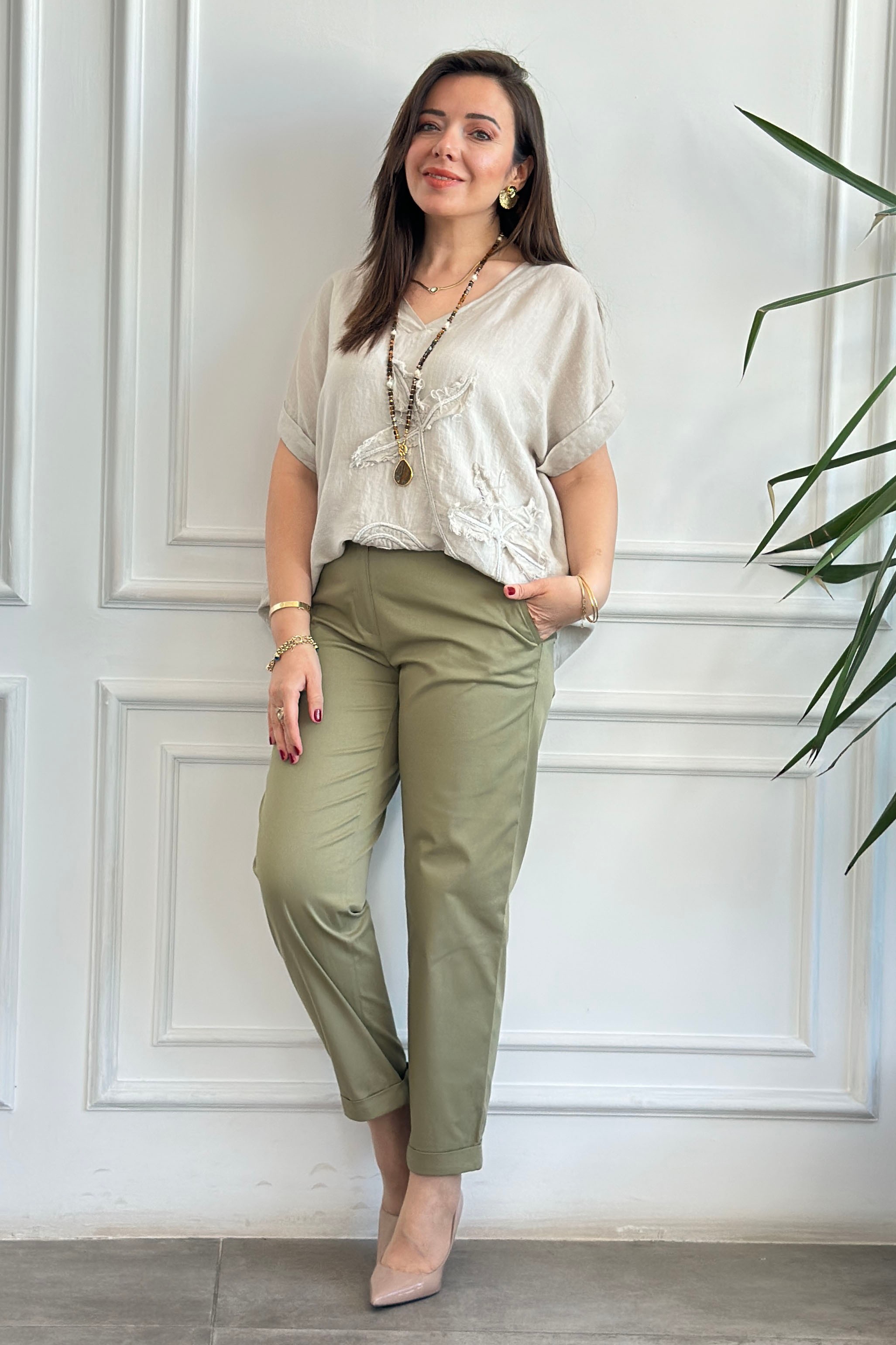 Kendinden Kemerli Duble Paça Pantolon - HAKI