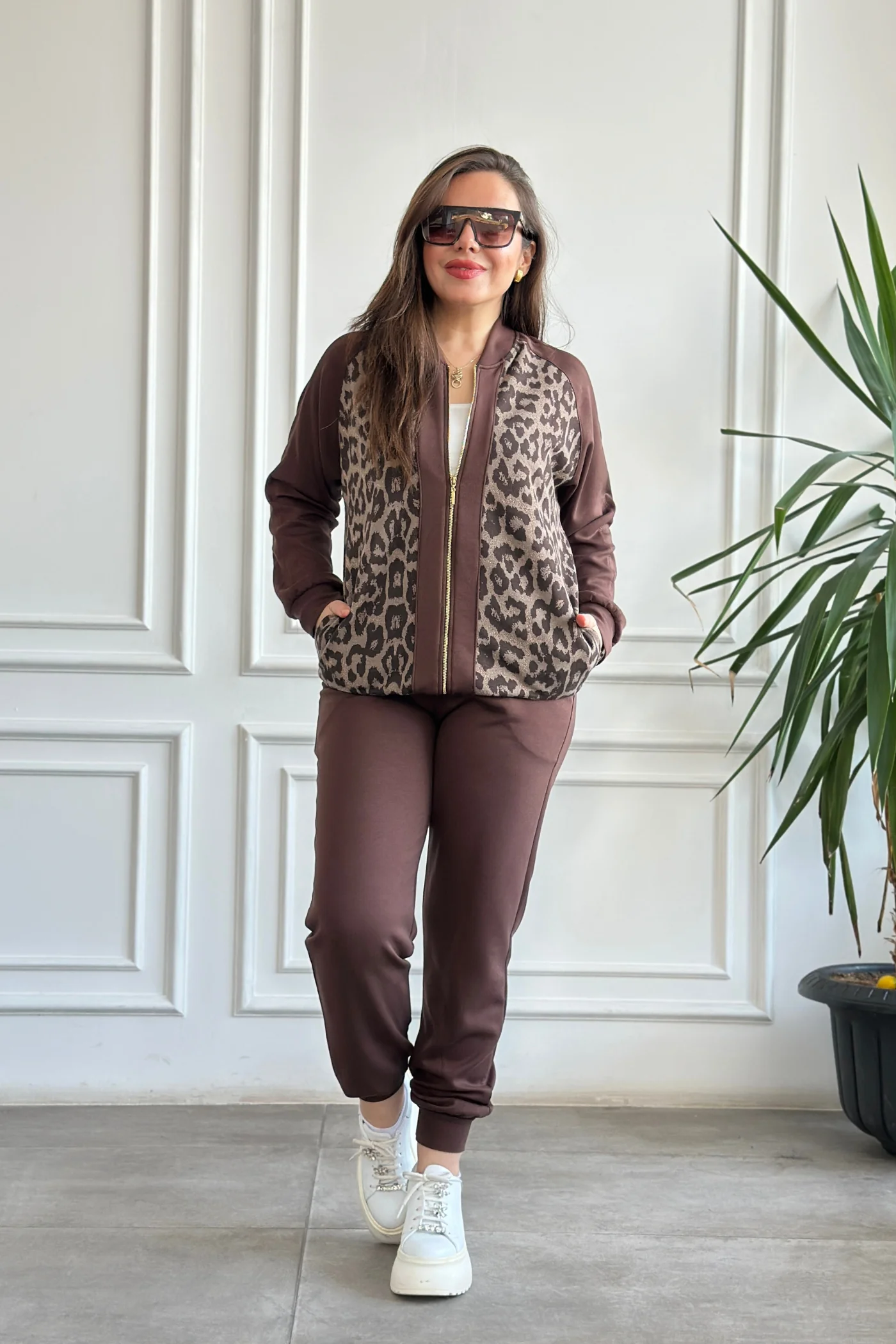 Leopar Detaylı Fermuarlı Eşofman Takımı  - KAHVERENGI