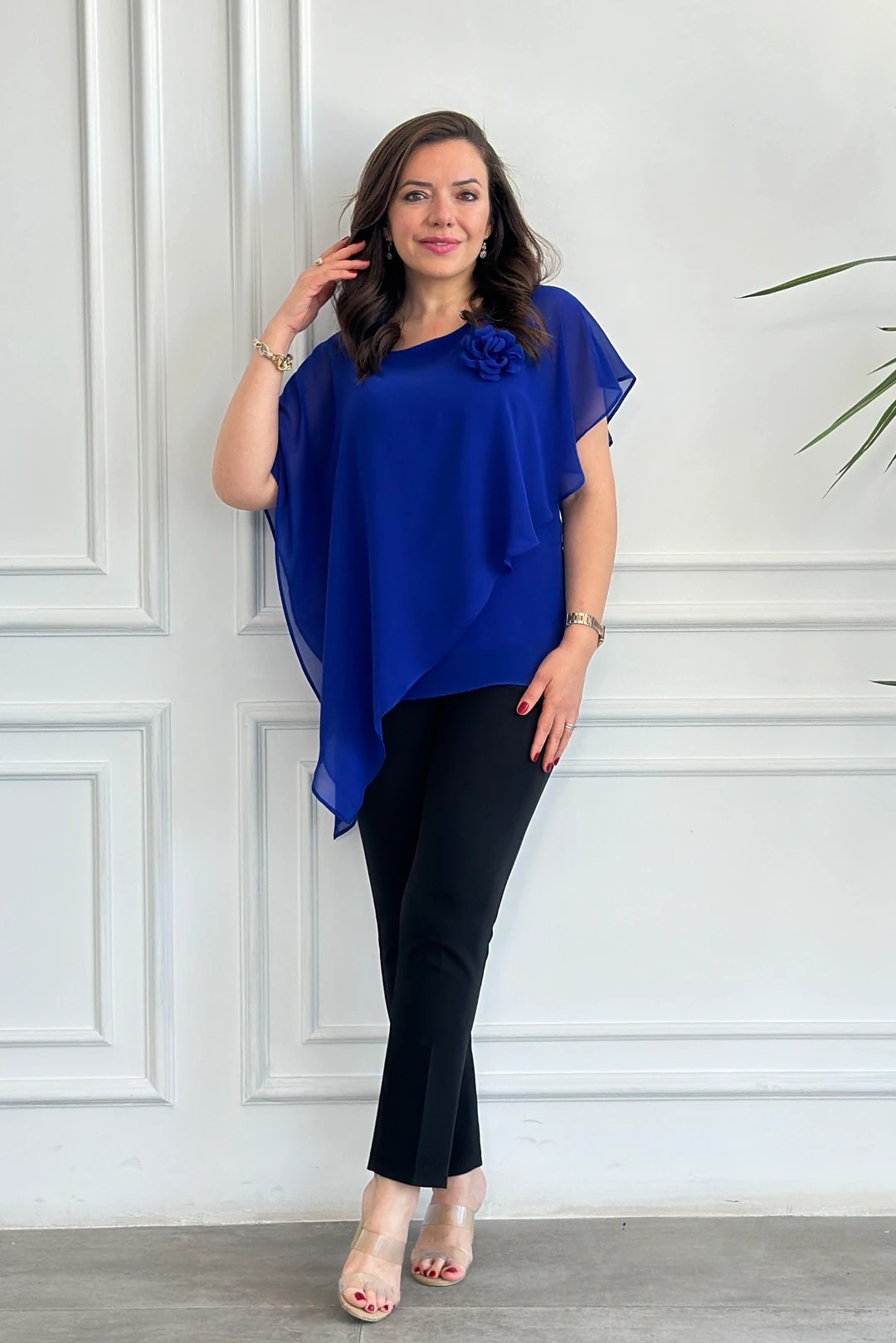 Büyük Beden Asimetrik Kesim Şifon Bluz - SAKS MAVISI