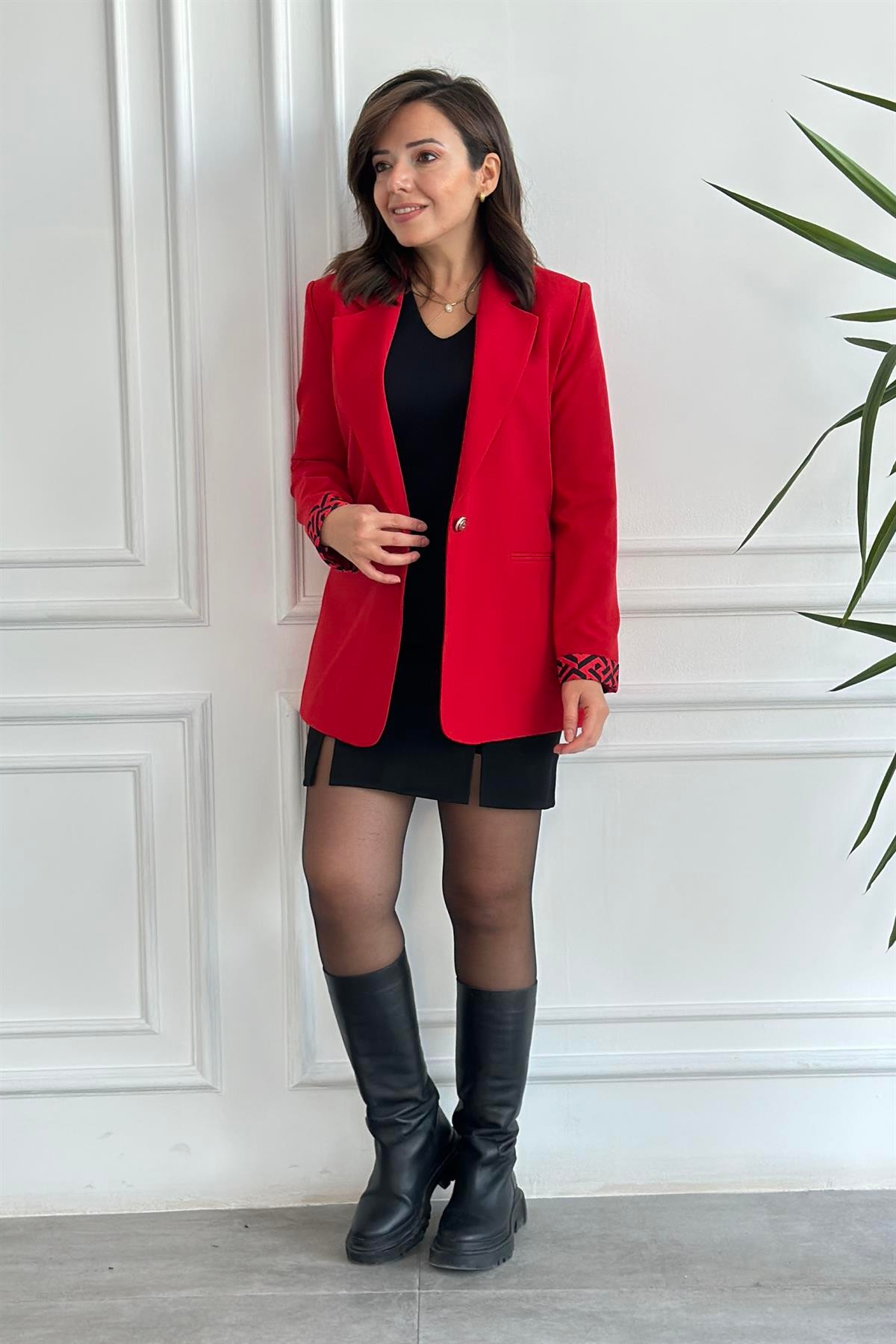 Manşetleri Ve Astarı Labirent Desenli Blazer Ceket