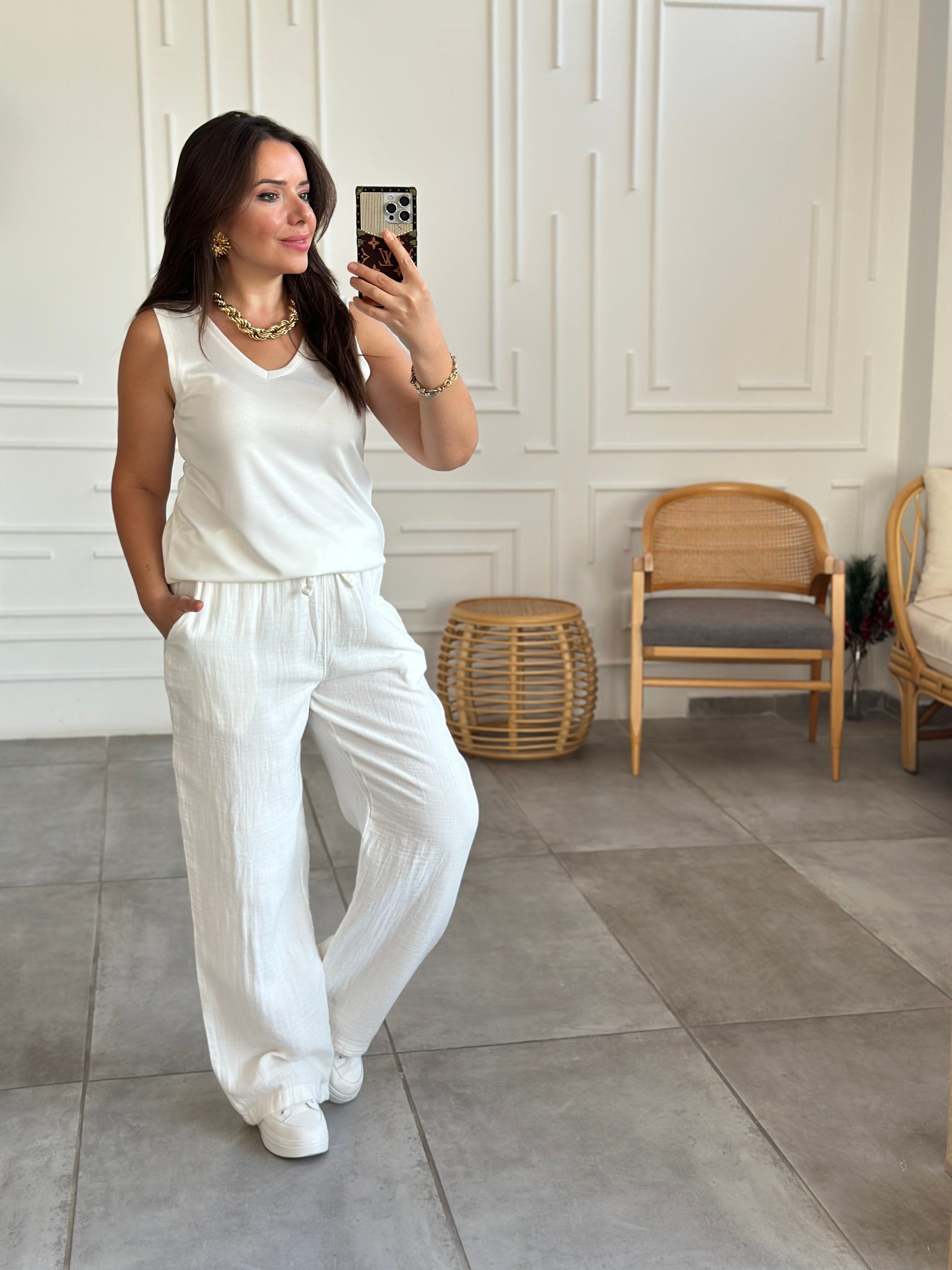 Beli Lastikli Bol Paça Müslin Pantolon - EKRU