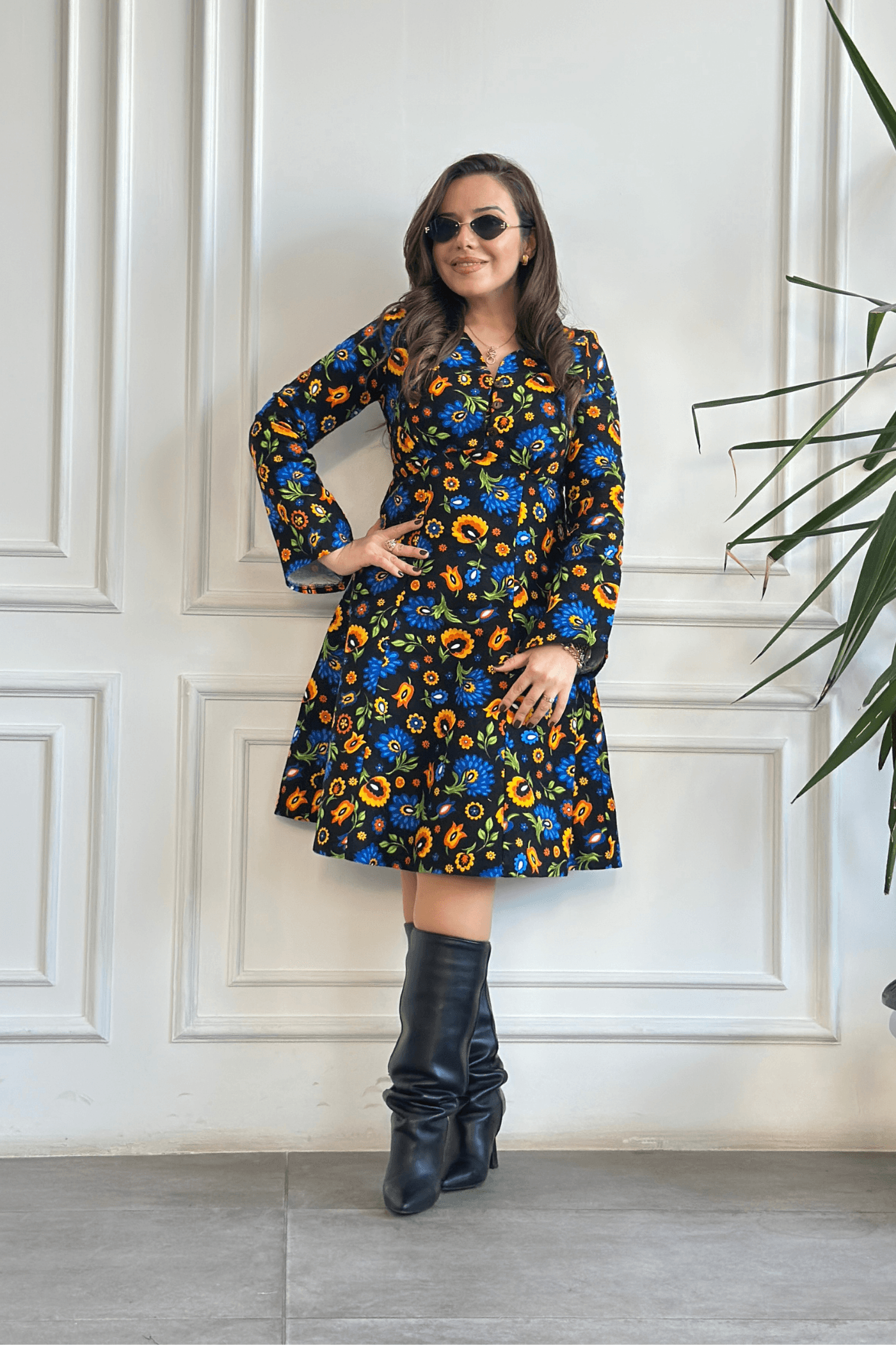 Önden Düğme Detaylı Asimetrik Kol Elbise - SIYAH SARI