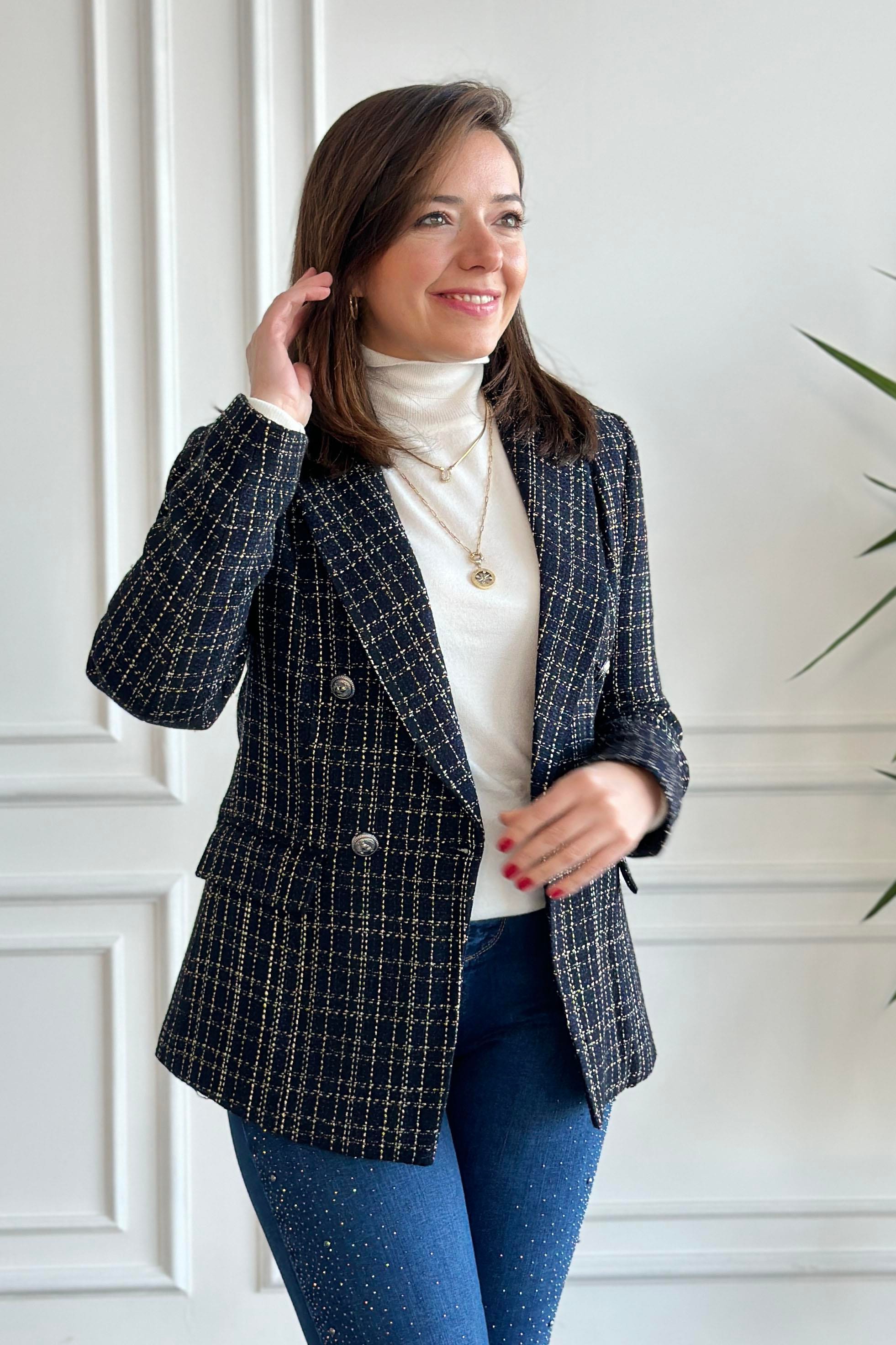 Ekoseli Dört Düğmeli Blazer Ceket
